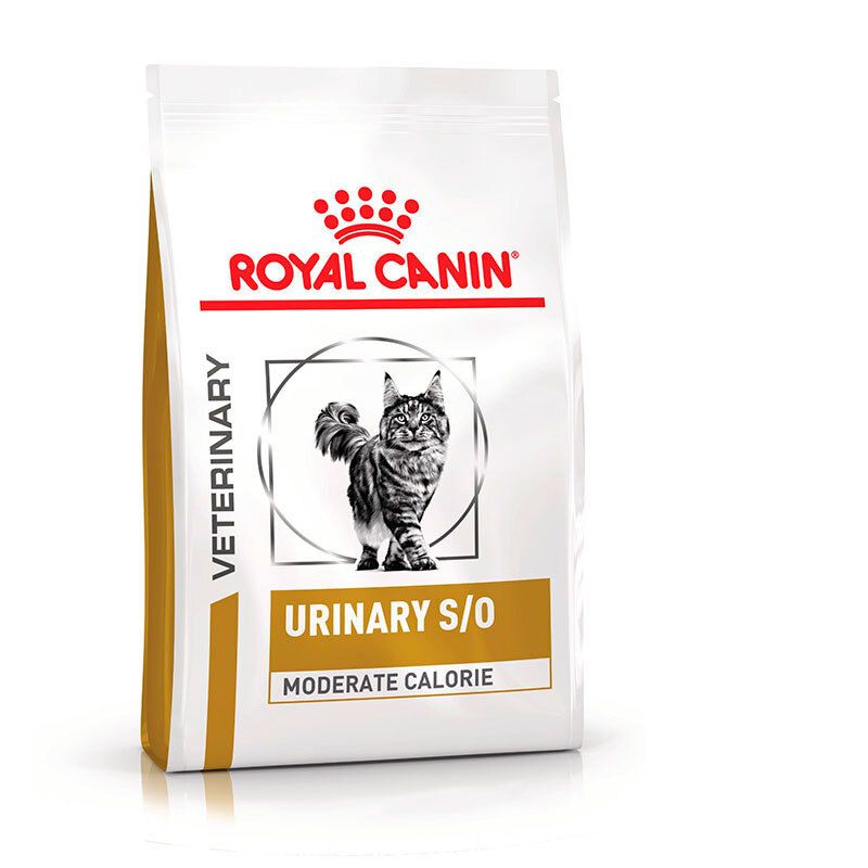 Royal Canin Veterinary Urinay S/O Moderate Calorie Katzenfutter-Beutel mit Katze-Illustration.