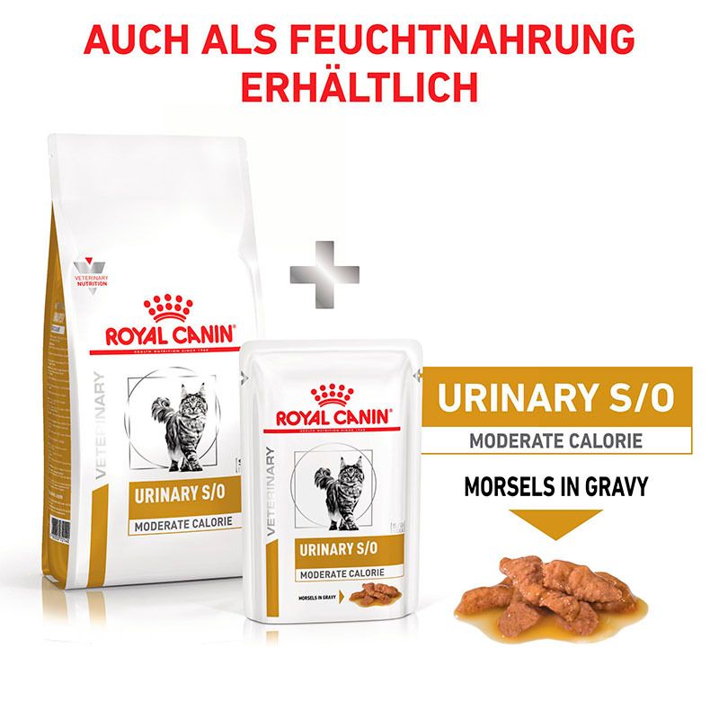 Royal Canin Veterinary Urinary S/O Moderate Calorie Trocken- und Feuchtfutter für Katzen.