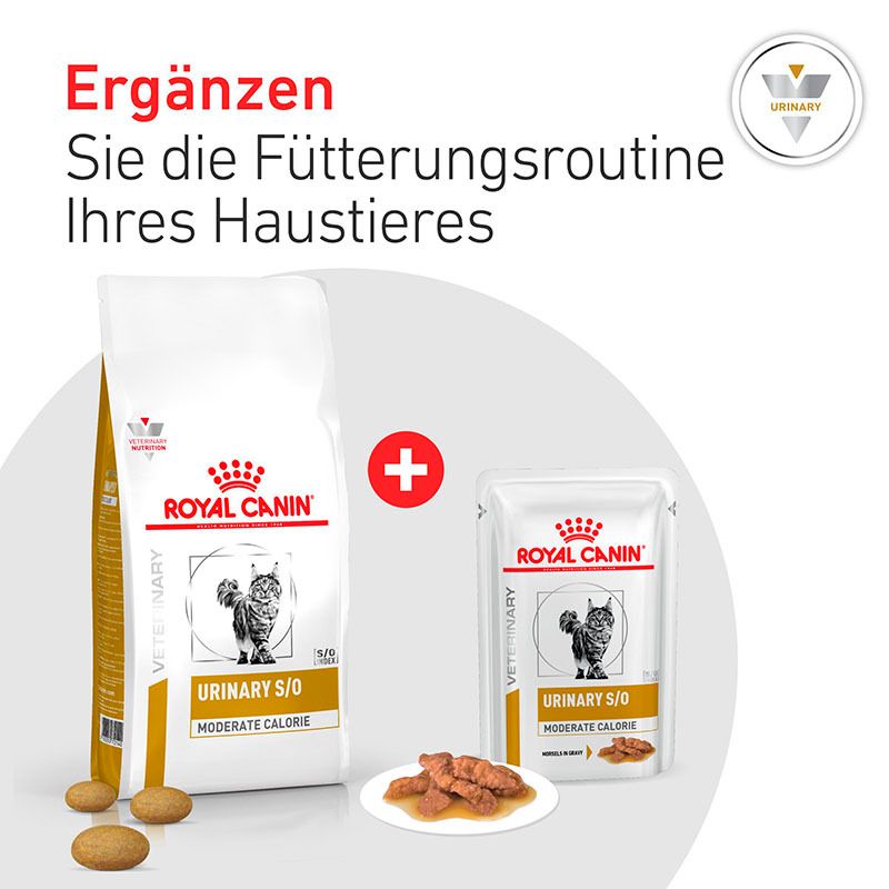 Royal Canin Veterinary Urinary S/O Moderate Calorie Trocken- und Feuchtfutter für Katzen, mit Futterbrocken.