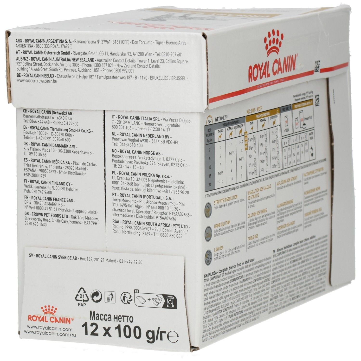Seitenansicht der Packung mit internationalen Kontaktdaten und Produktinformationen.
