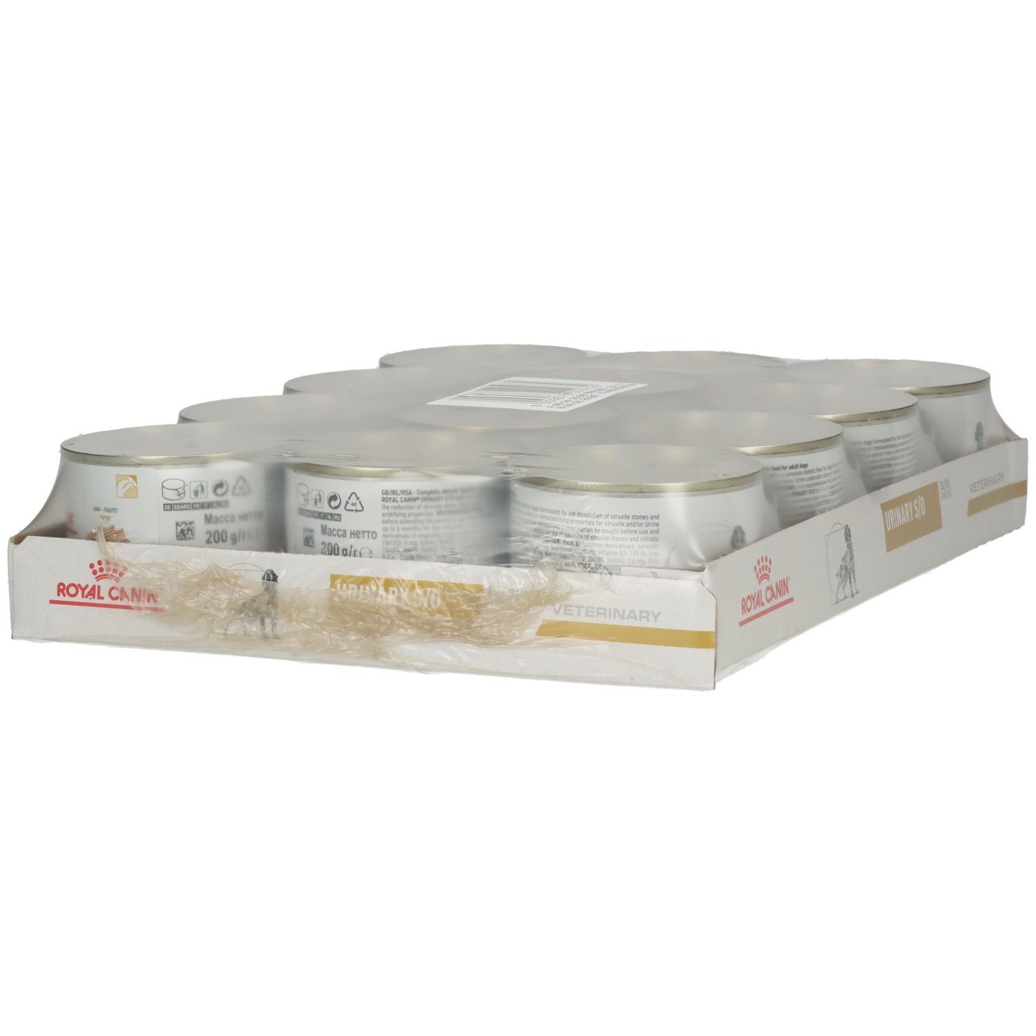 Zwölf Dosen Royal Canin Veterinary Urinary S/O Tiernahrung in einer Pappschachtel.