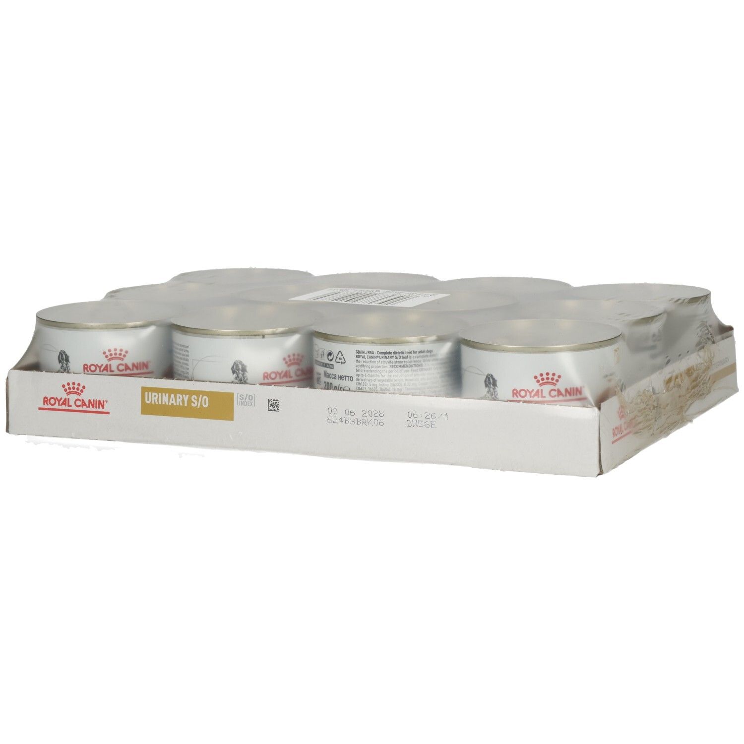 Packung mit 12 Dosen Royal Canin Urinary S/O Hundefutter.