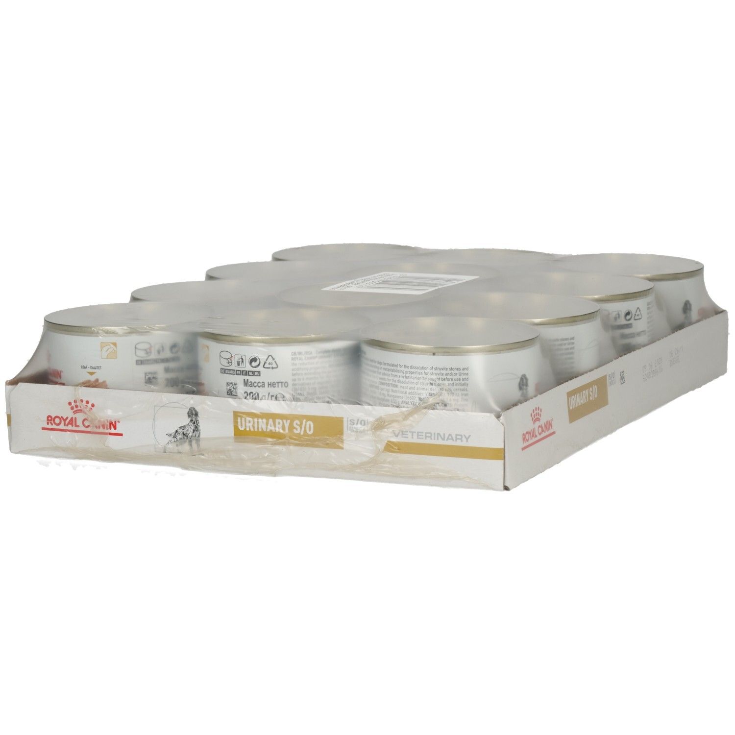Zwölf Dosen Royal Canin Urinary S/O Hundefutter in einer Pappschachtel, verpackt in Folie.