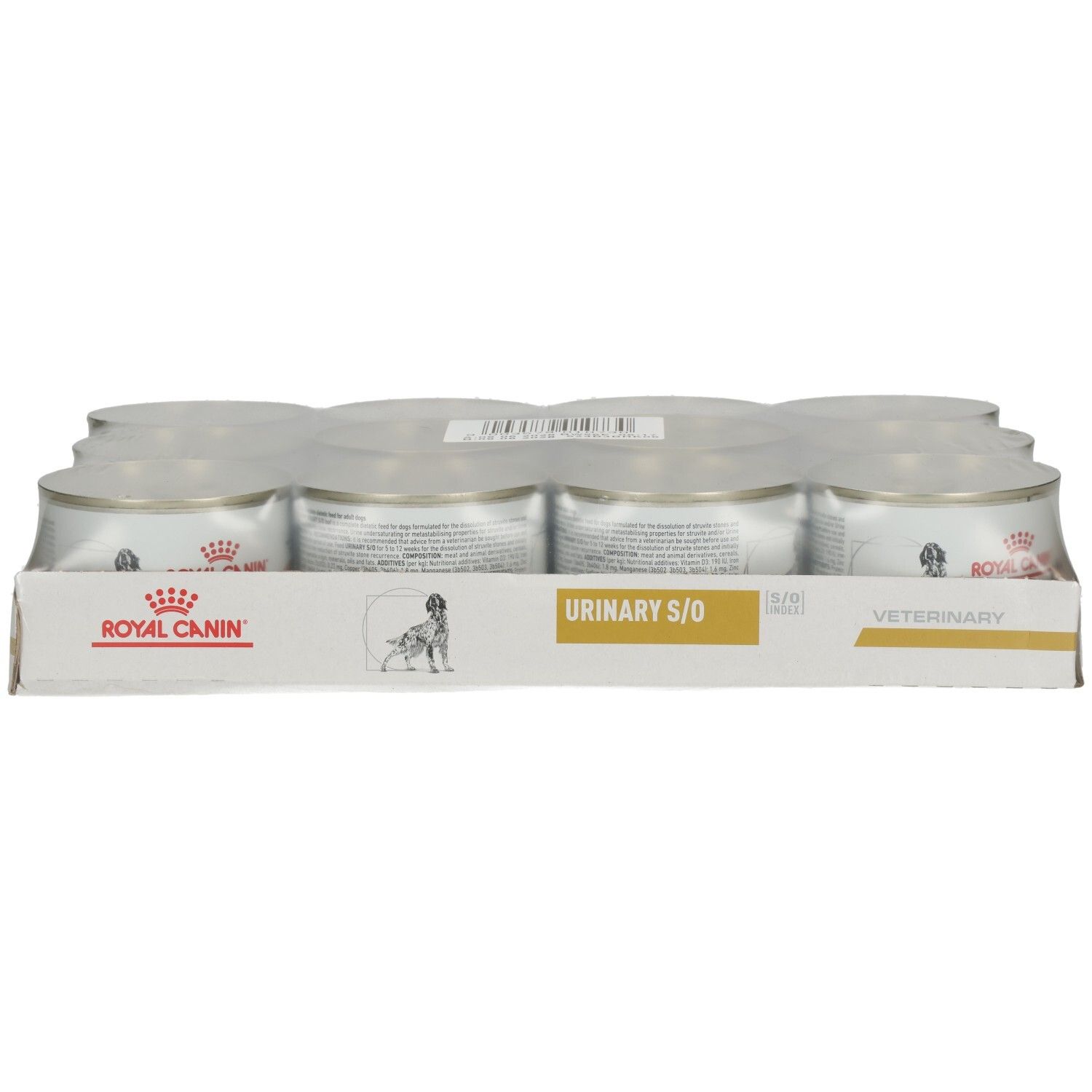 Packung mit 12 Dosen Royal Canin Urinary S/O Hundefutter.