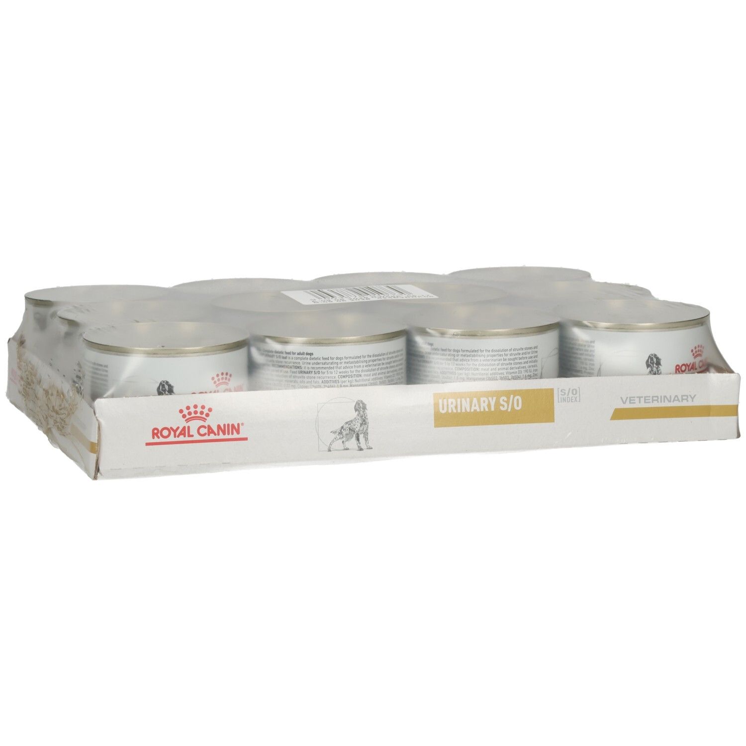 Packung mit 6 Dosen Royal Canin Veterinary URINARY S/O Hundefutter.