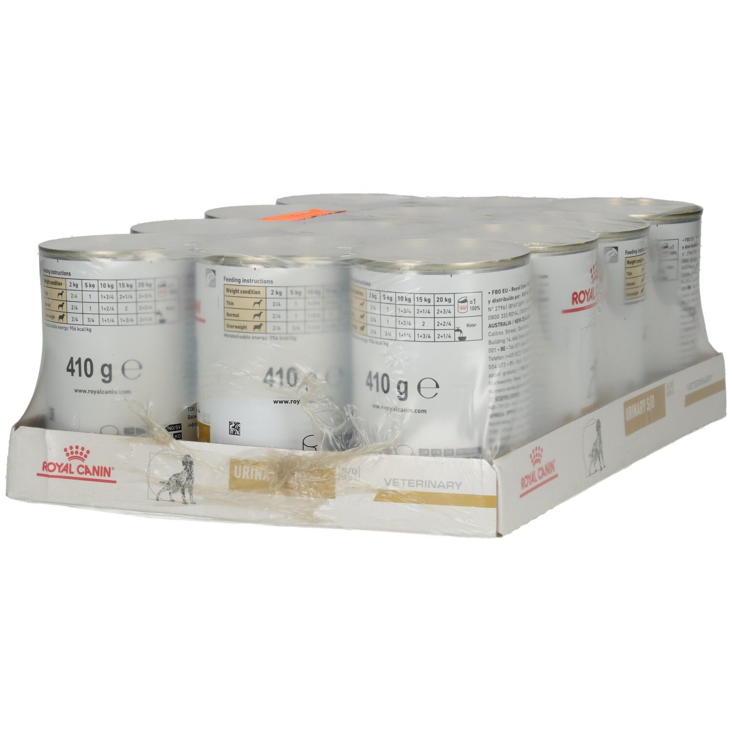 Sechs Dosen Royal Canin Urinary S/O Hundefutter auf einer Kartonunterlage, verpackt in Folie.