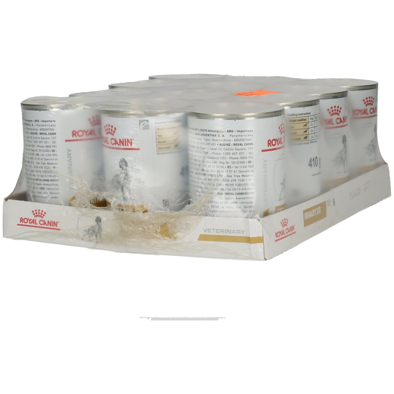 Verpackung mit sechs Dosen Royal Canin Veterinary Diätfutter, 410g pro Dose.