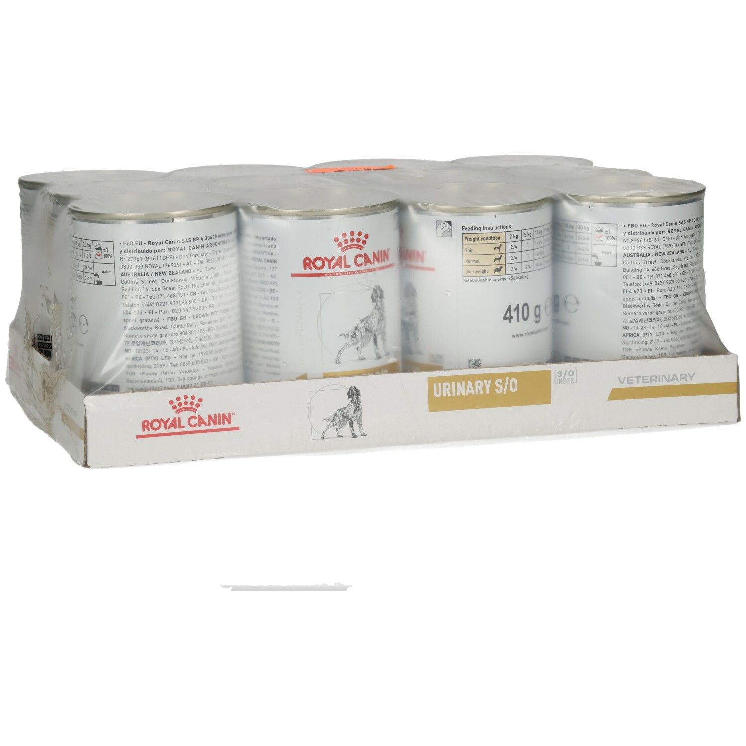 Sechs Dosen Royal Canin Urinary S/O Hundefutter auf einer Kartonunterlage, verpackt in Folie.