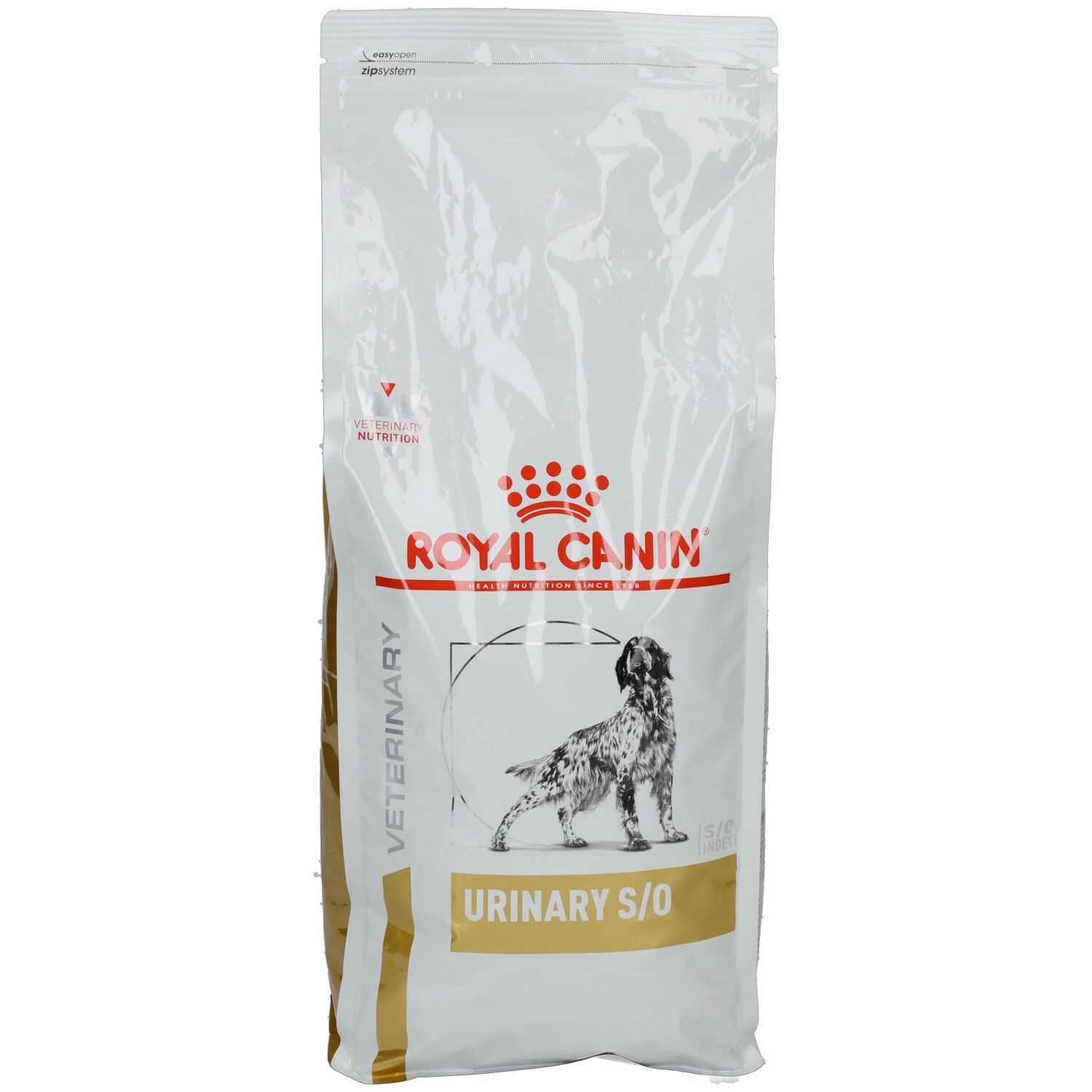 Royal Canin Veterinary Urinary S/O Hundefutter, 7kg Beutel mit Hundemotiv.