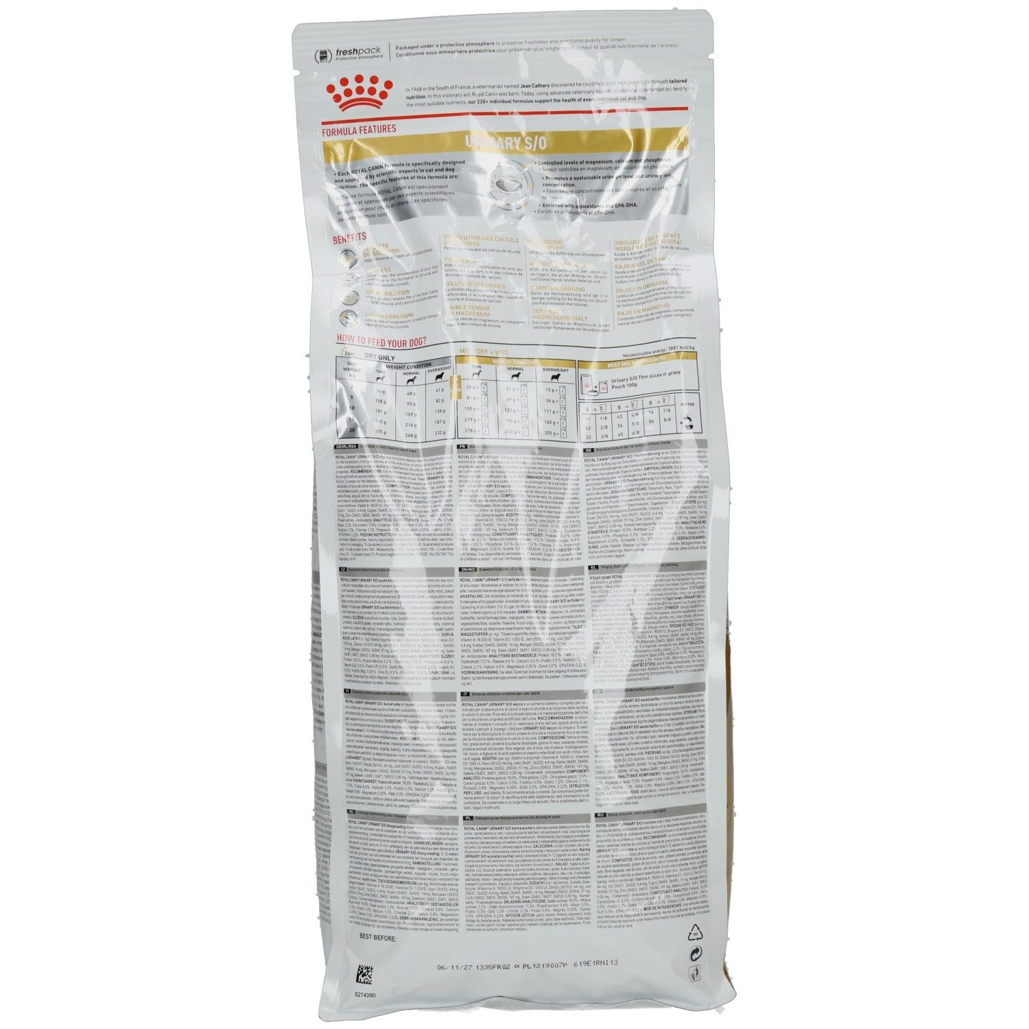 Rückseite eines 7kg Beutels Royal Canin Veterinary Urinary S/O Hundefutter mit Nährwertangaben.