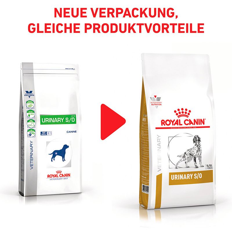 Vergleich von alter und neuer Verpackung von ROYAL CANIN® Veterinary URINARY S/O Hundefutter.