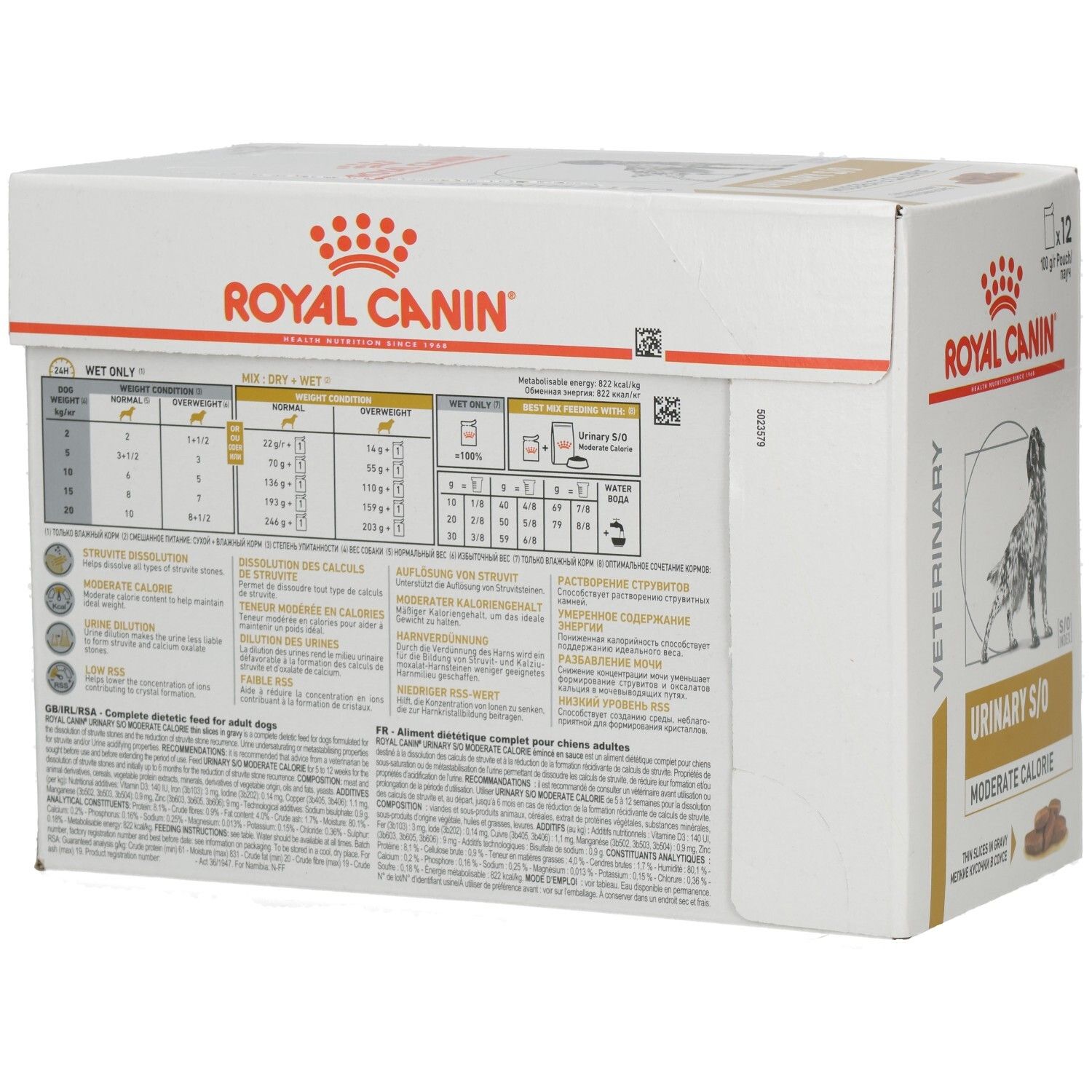 Rückseite der Royal Canin Veterinary Urinary S/O Moderate Calorie Hundefutter-Box mit Fütterungstabelle.