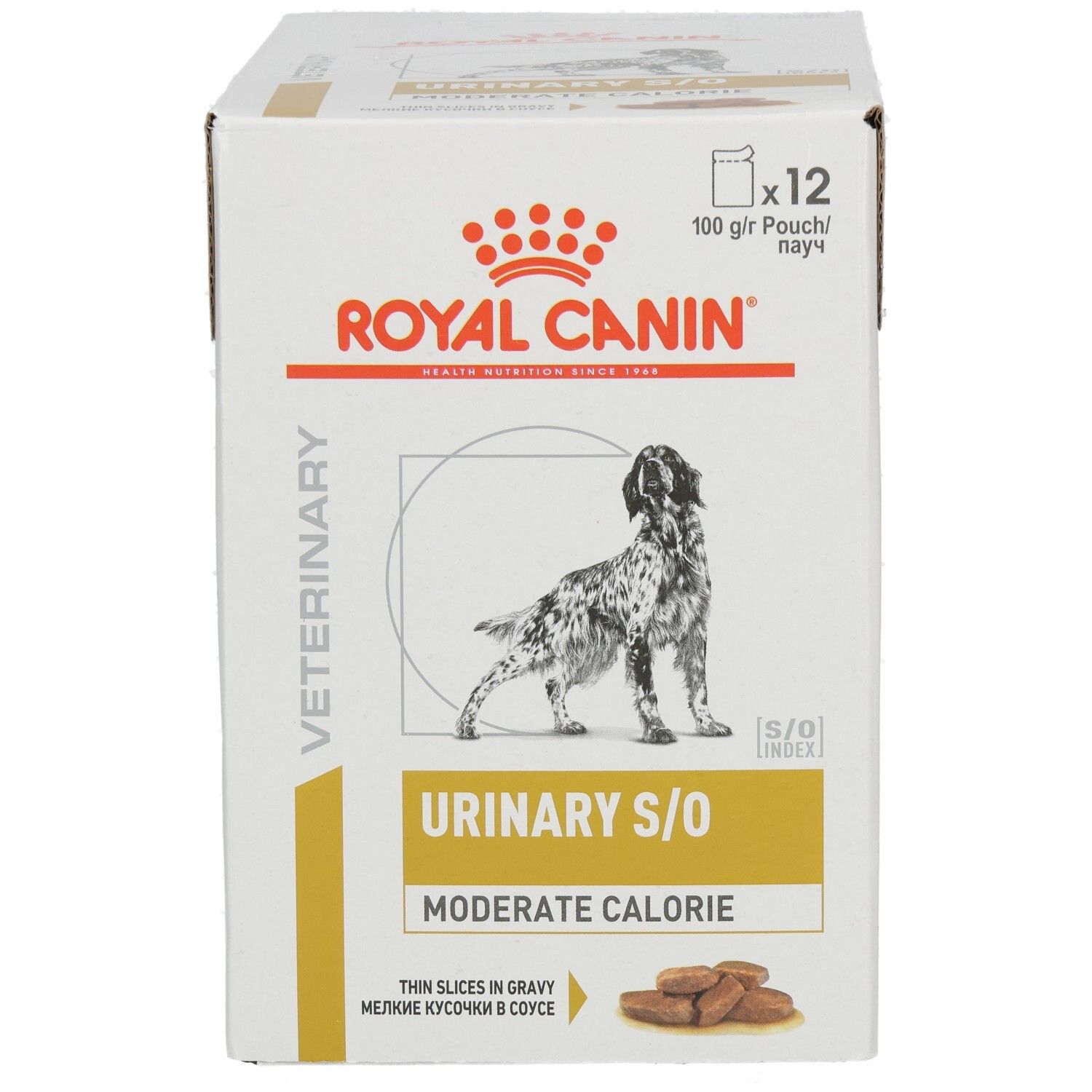 Vorderseite der Royal Canin Veterinary Urinary S/O Moderate Calorie Hundefutter-Box mit Hundebild.