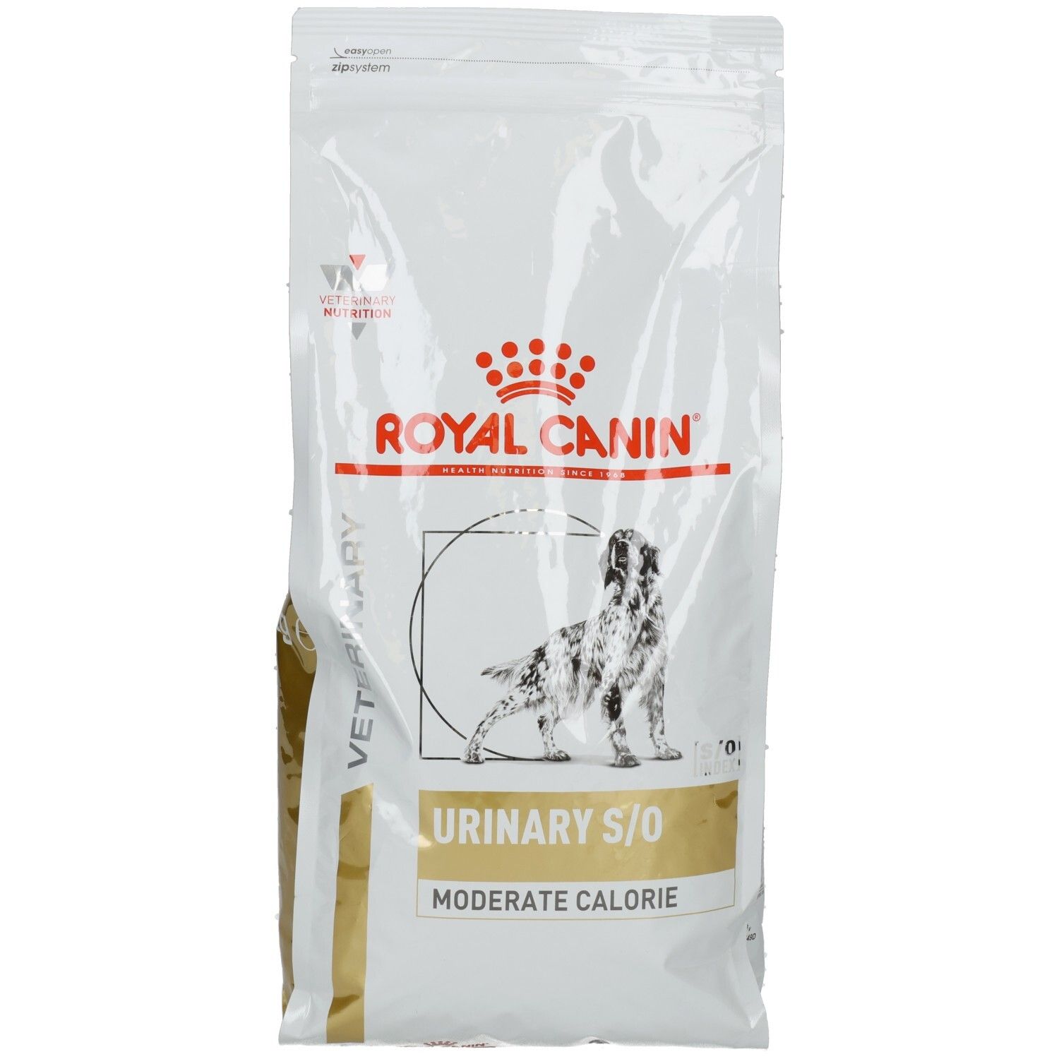 Royal Canin Urinary S/O Moderate Calorie Hundefutter-Beutel mit Hundegrafik.
