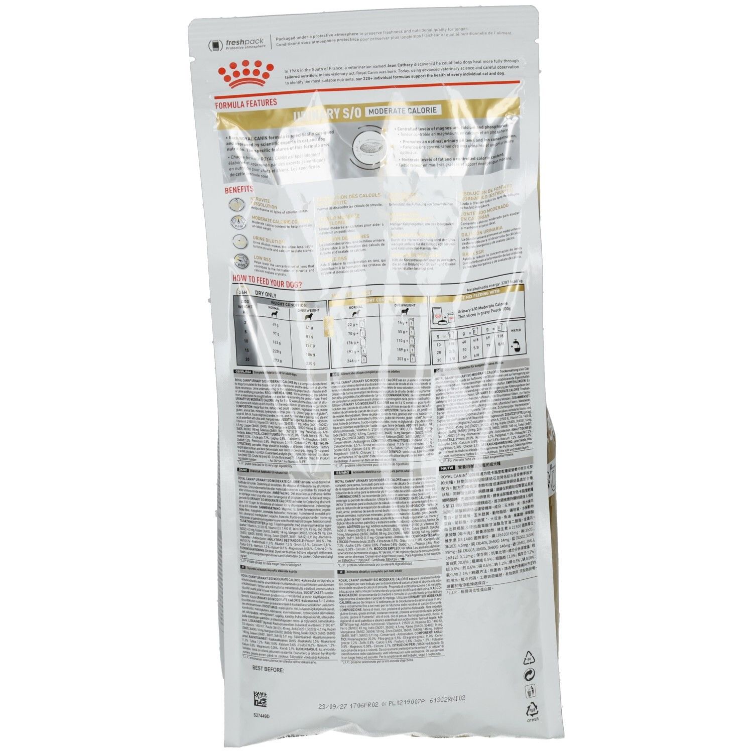 Rückseite eines Royal Canin Urinary S/O Moderate Calorie Hundefutter-Beutels mit Nährwertangaben.