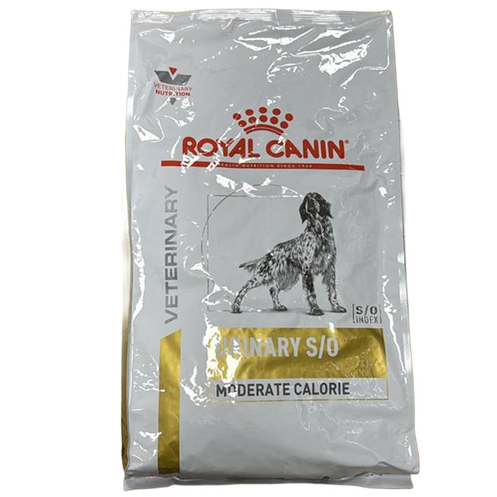 Royal Canin Veterinary Urinary S/O Moderate Calorie Hundefutter-Packung mit Hundebild.