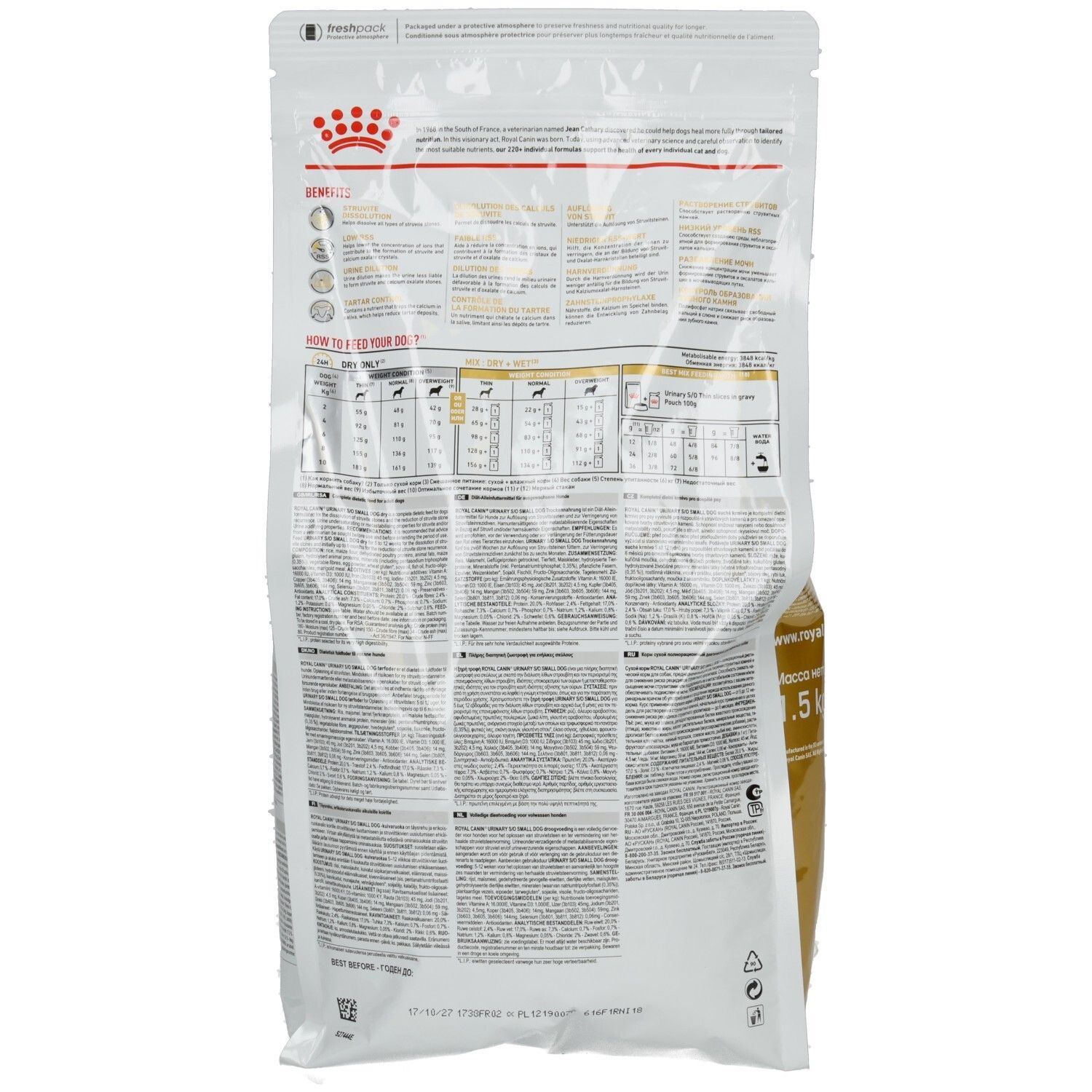 Rückseite eines Royal Canin Urinary S/O Hundefutterbeutels für kleine Hunde mit Nährwertangaben.