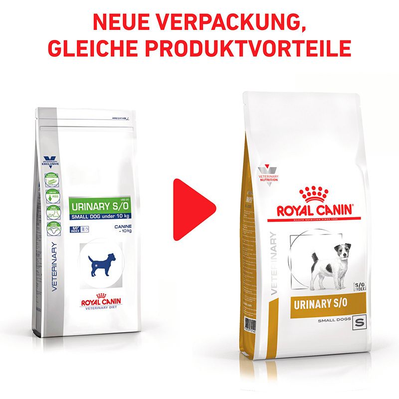 Vergleich von alter und neuer Verpackung Royal Canin Veterinary URINARY S/O Small Dogs Trockennahrung.