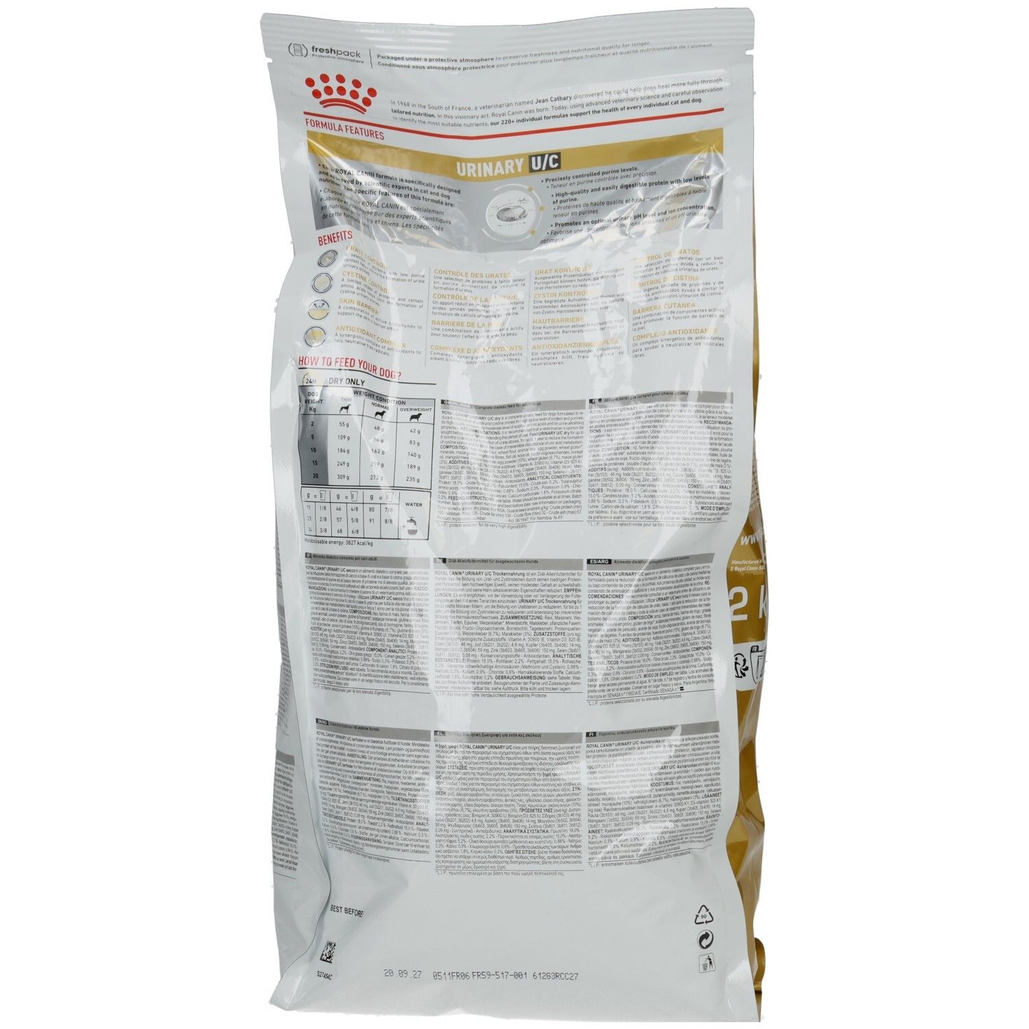 Rückseite eines 2kg Beutels Royal Canin Urinary U/C Hundefutter mit Nährwertangaben.