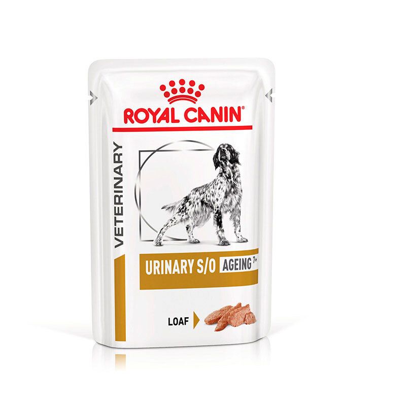 ROYAL CANIN Veterinary URINARY S/O Ageing 7+ Feuchtnahrung Pouch mit Hundebild.
