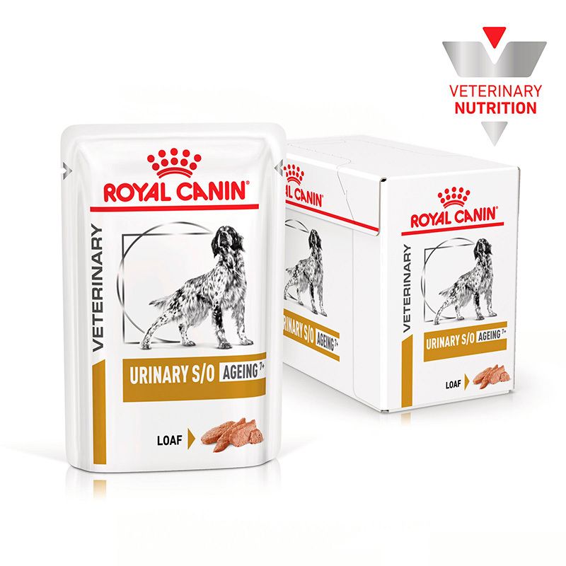 ROYAL CANIN Veterinary URINARY S/O Ageing 7+ Feuchtnahrung Pouch und Karton.