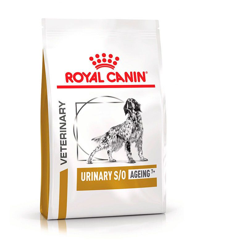 Royal Canin Urinary S/O Ageing 7+ Hundefutter-Beutel mit Hundemotiv.