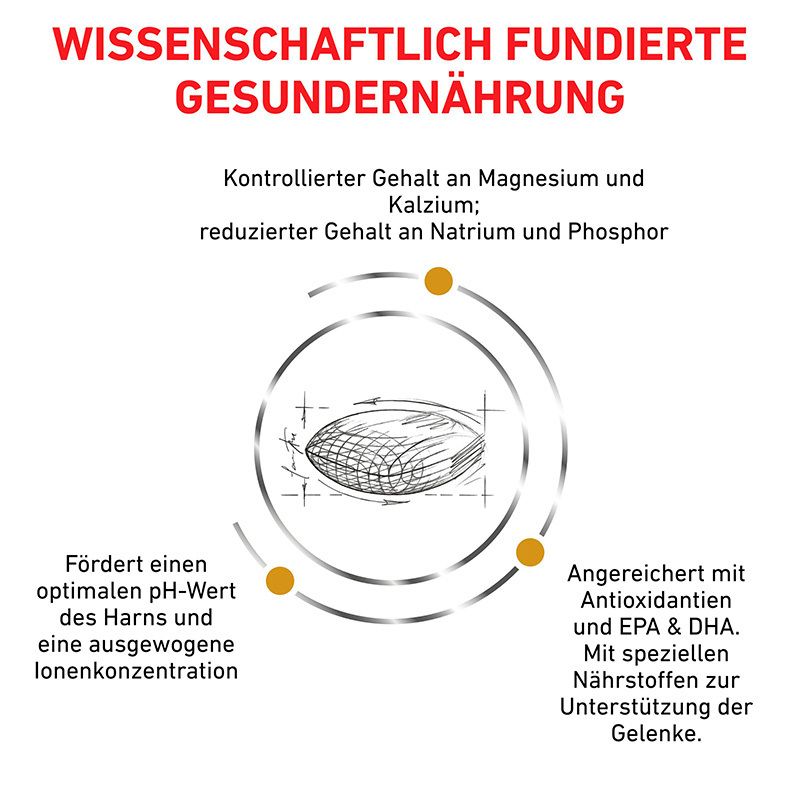 Grafik mit Informationen zur Nährstoffzusammensetzung und Wirkung von Royal Canin Urinary S/O Ageing 7+.
