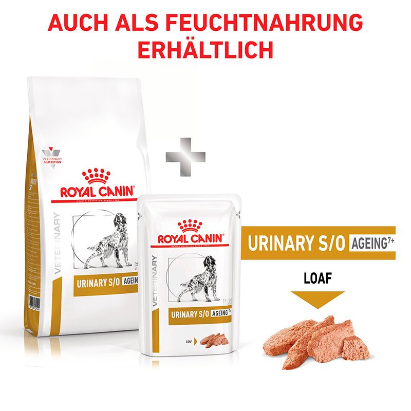 Royal Canin Urinary S/O Ageing 7+ Trocken- und Feuchtnahrung für Hunde mit Futterprobe.
