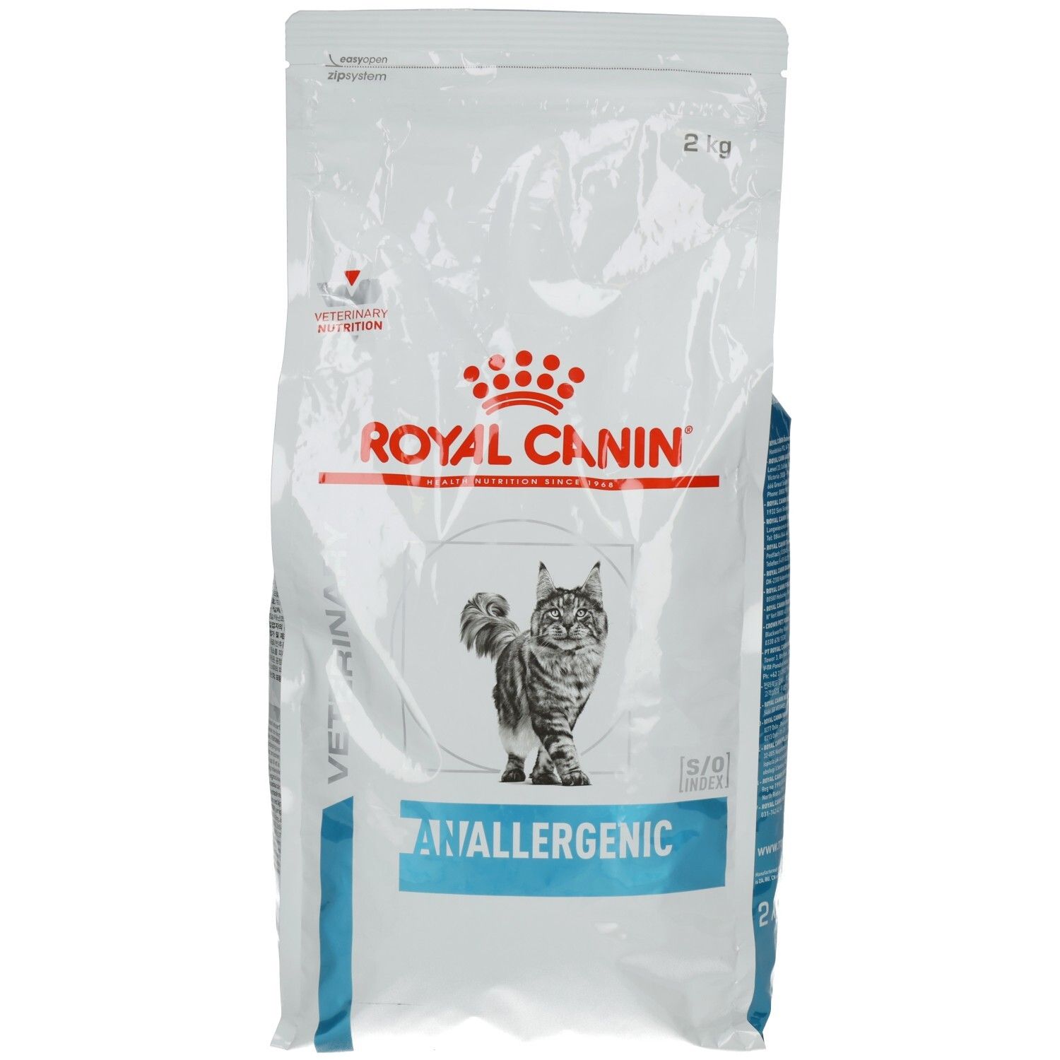 Royal Canin ANALLERGENIC Katzenfutter, 2kg Beutel mit Bild einer Katze.