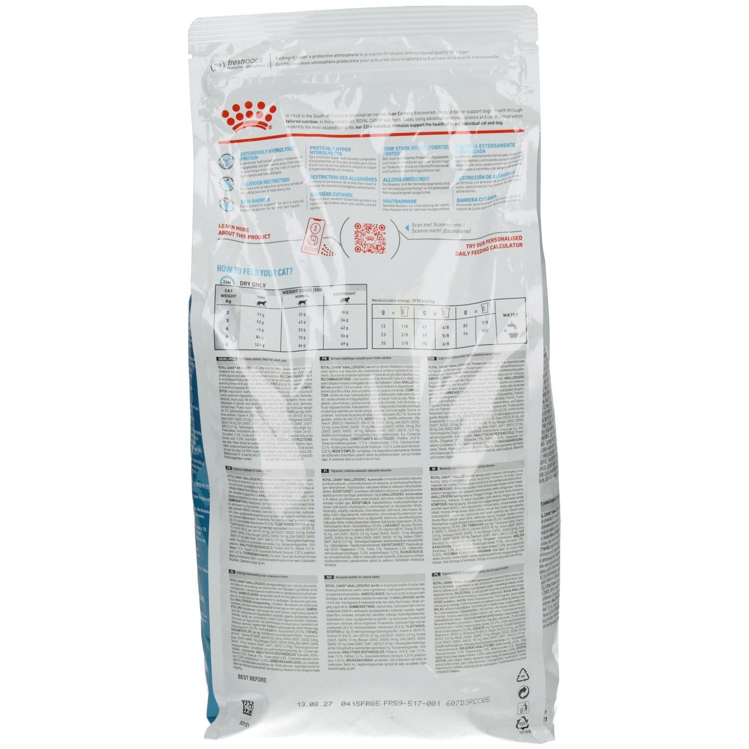 Rückseite eines Royal Canin ANALLERGENIC Katzenfutterbeutels mit Nährwertangaben und Anweisungen.