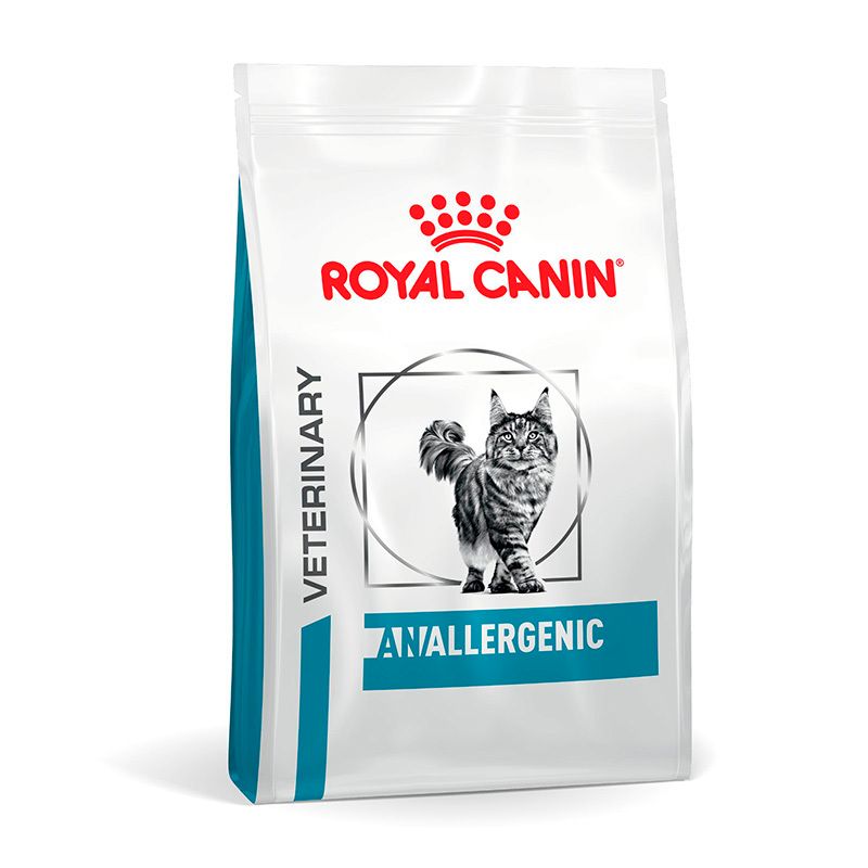 ROYAL CANIN® Veterinary ANALLERGENIC Trockennahrung für Katzen: Weiße Verpackung mit rotem Logo und Katzenabbildung.