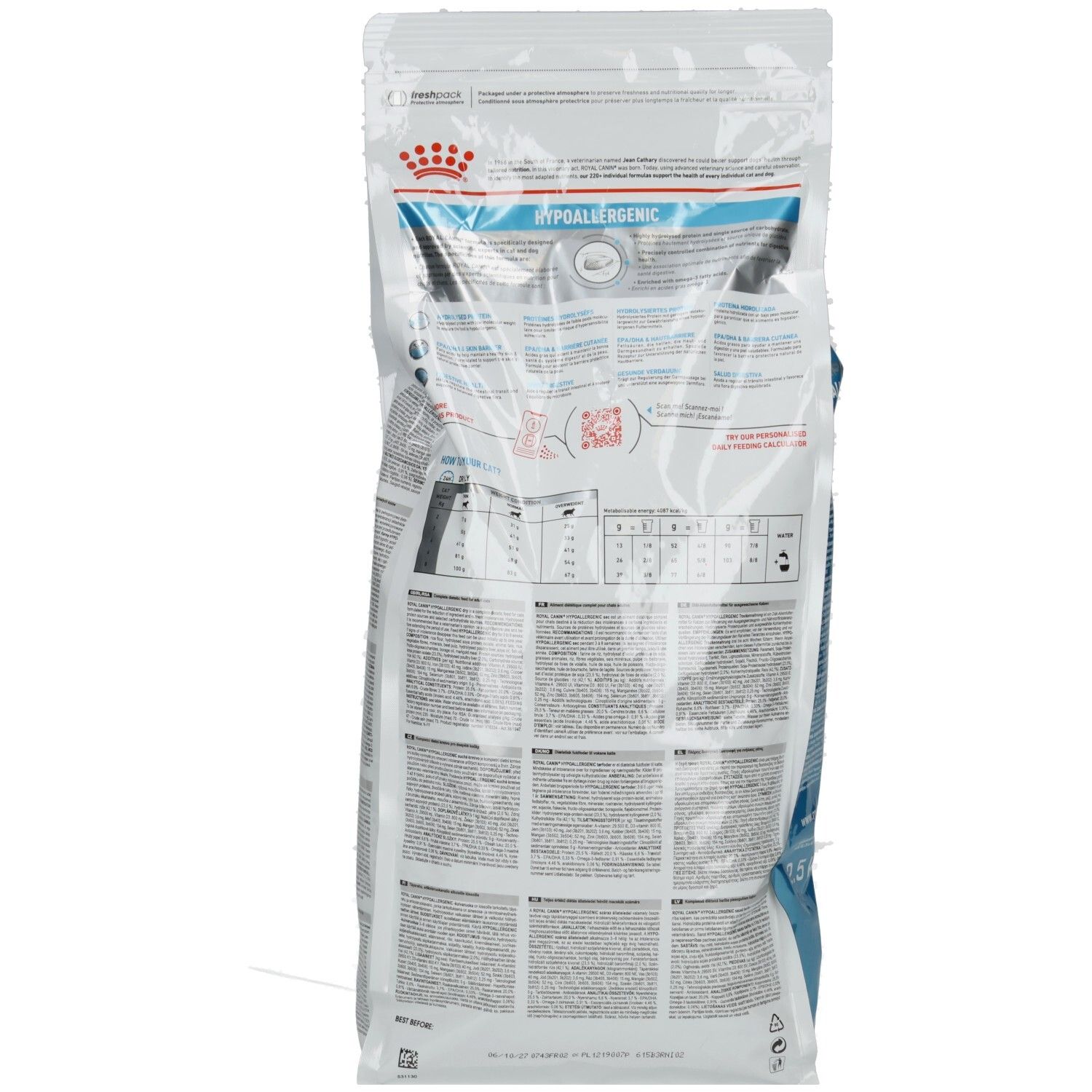 Rückseite eines 2,5 kg Beutels Royal Canin Hypoallergenic Katzenfutter mit Fütterungstabelle.