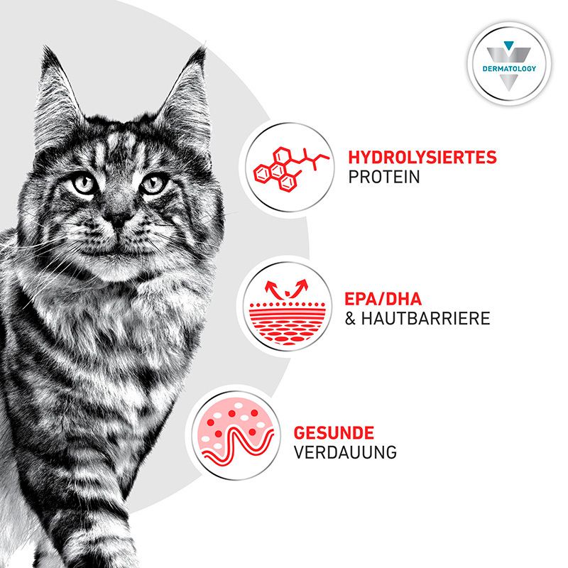 Katze mit Symbolen für hydrolysiertes Protein, EPA/DHA & Hautbarriere, gesunde Verdauung.