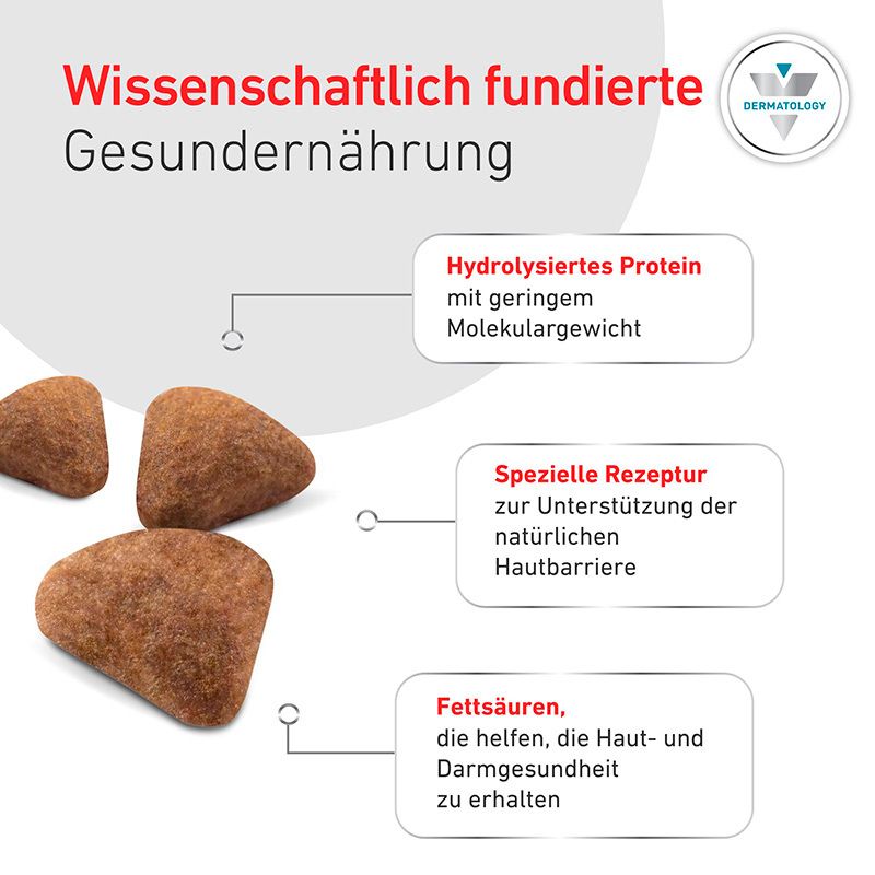Katzenfutter-Kroketten mit Text über hydrolysiertes Protein, spezielle Rezeptur, Fettsäuren.