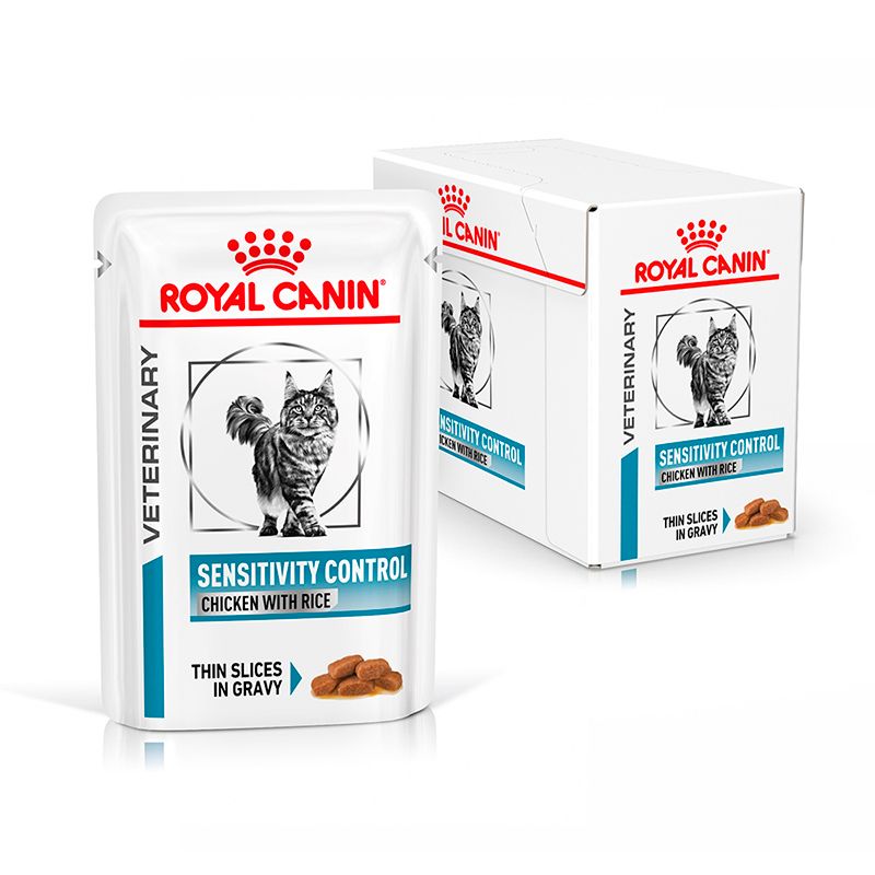 Royal Canin Veterinary Sensitivity Control Huhn mit Reis Feuchtnahrung für Katzen, 85g Beutel und Karton.