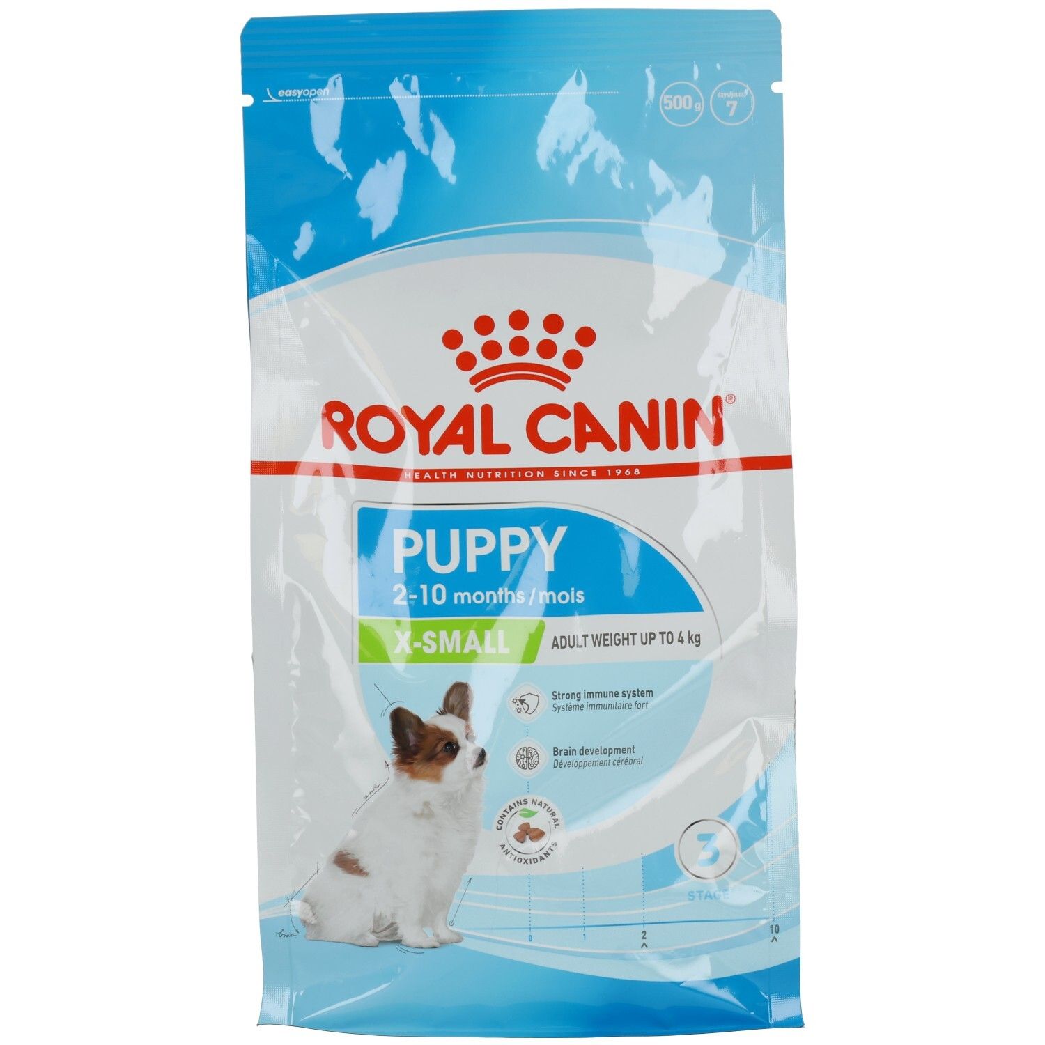 Royal Canin X-Small Puppy Futterbeutel mit Welpenbild und Produktinformationen.