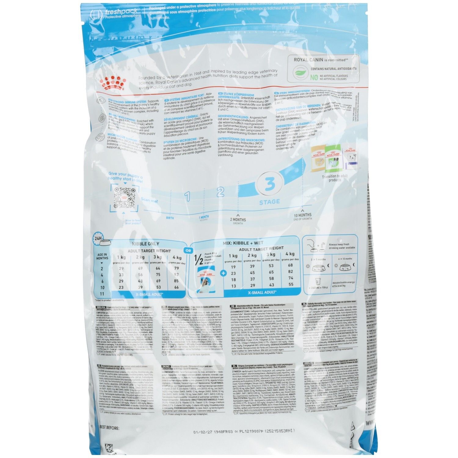 Rückseite des Beutels Royal Canin X-Small Puppy Trockenfutter mit Fütterungstabellen und Produktinformationen.