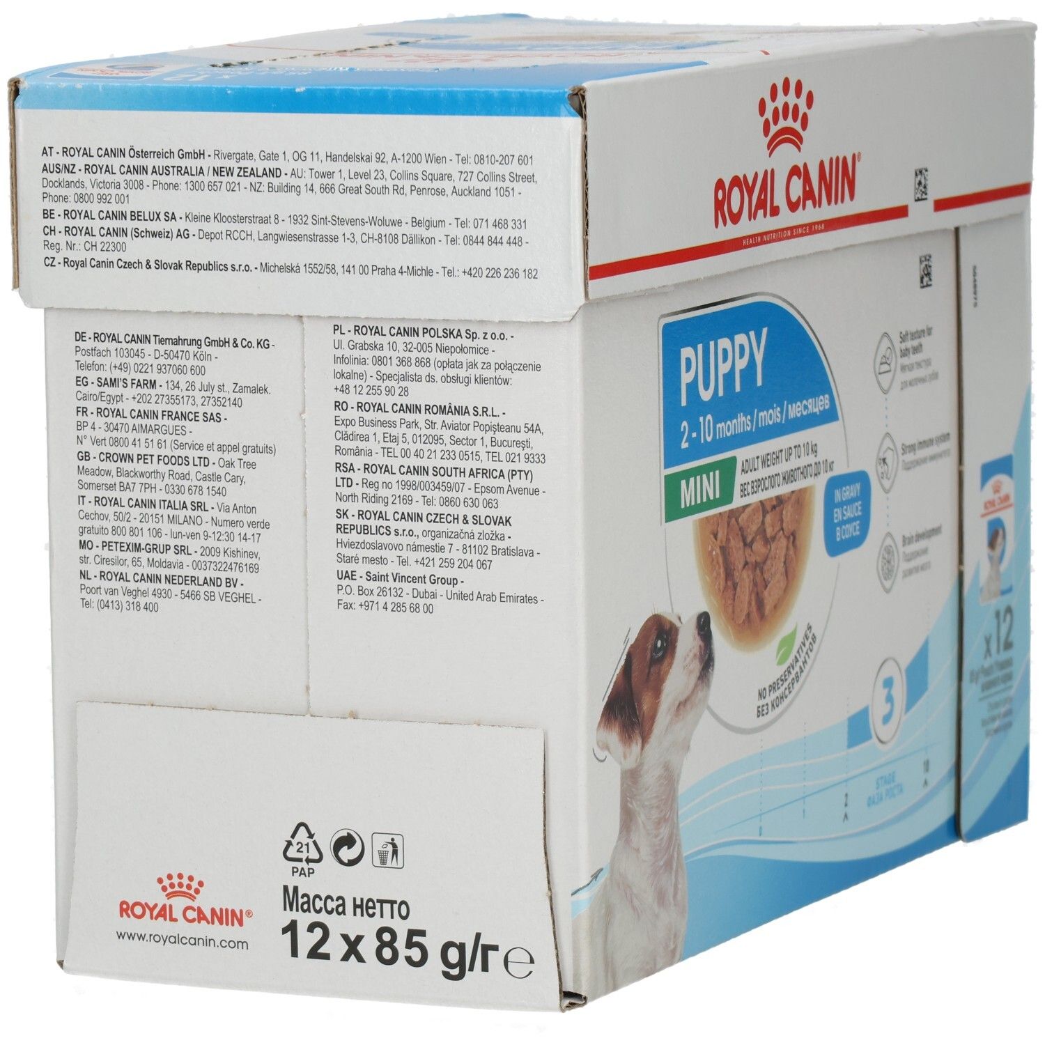 Rückseite der Royal Canin Mini Puppy Trockenfutter-Box mit Produktinformationen und Herstellerdetails.