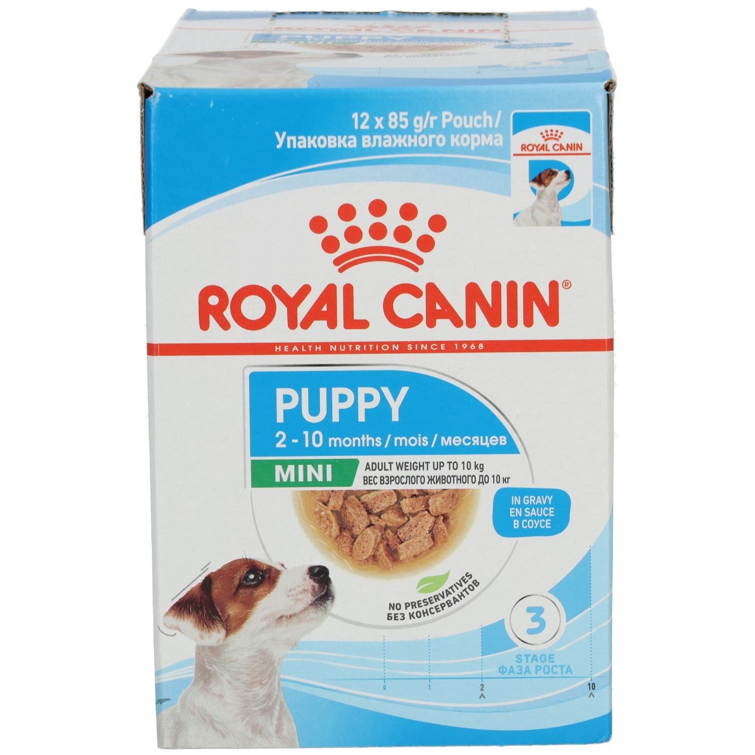 Royal Canin Mini Puppy Trockenfutter-Box mit 12x85g Beuteln, für Welpen von 2-10 Monaten.