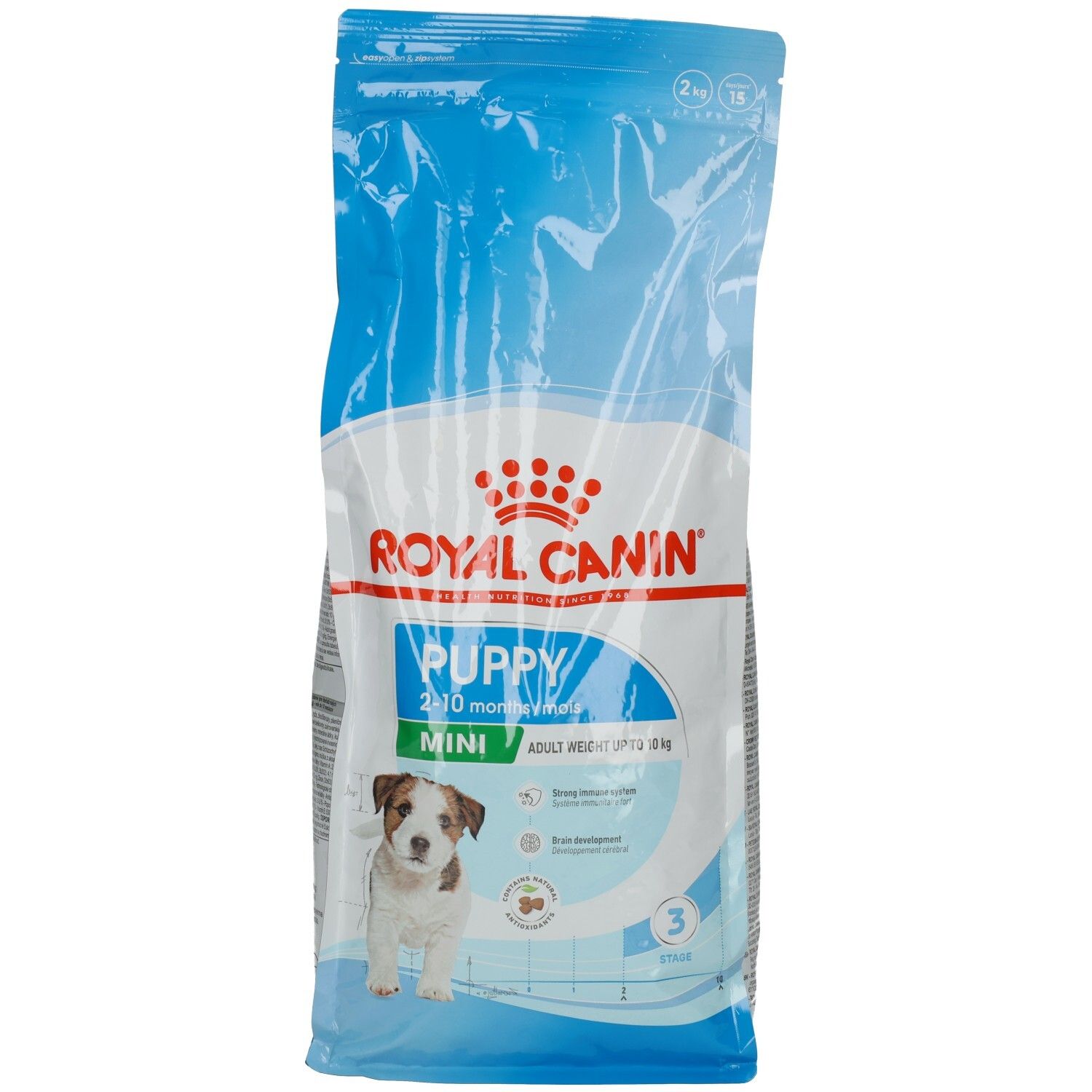 Royal Canin Mini Puppy Futterbeutel mit Welpenbild und Produktinformationen.