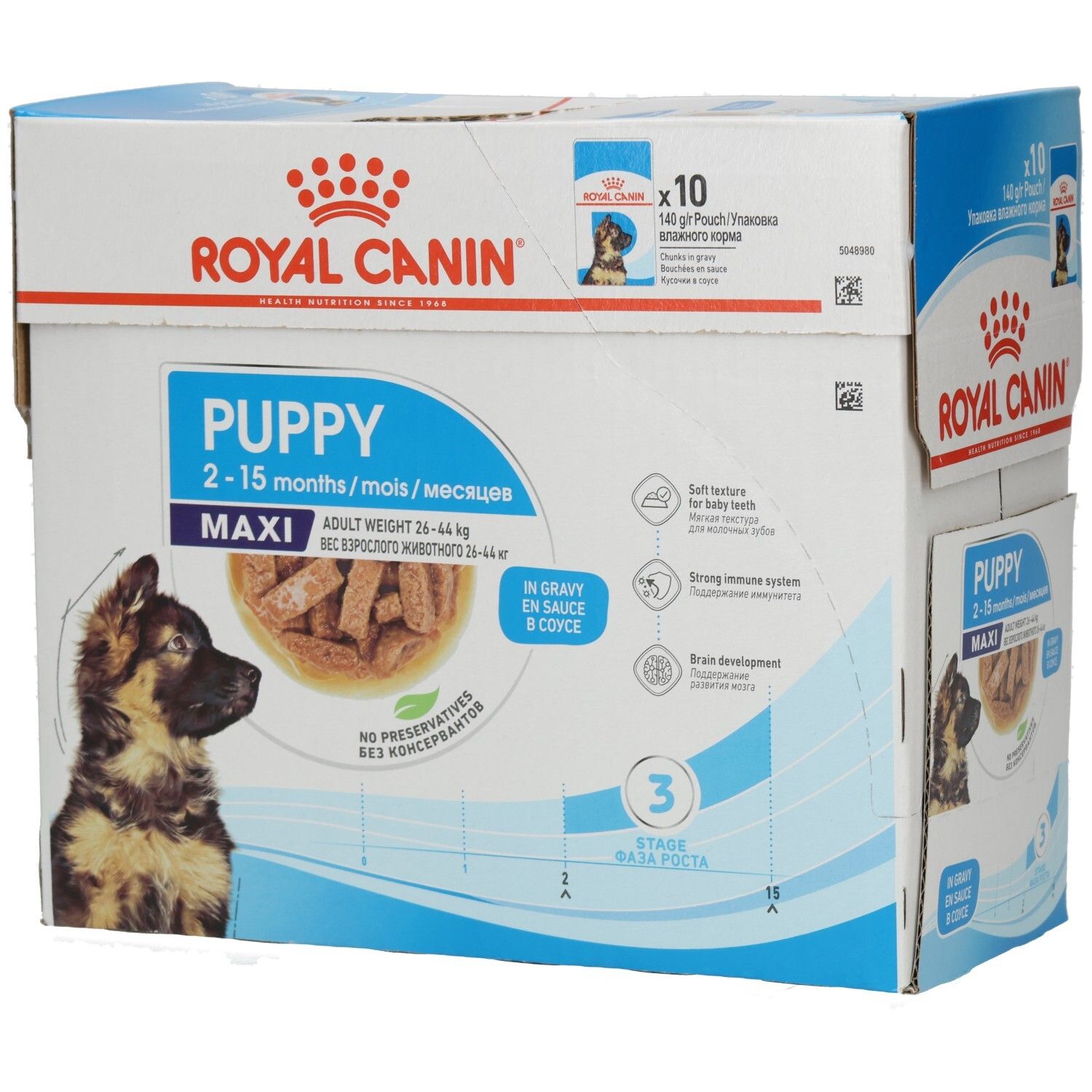 Royal Canin Maxi Puppy Futterkarton, 10x140g Beutel, In Gravy.