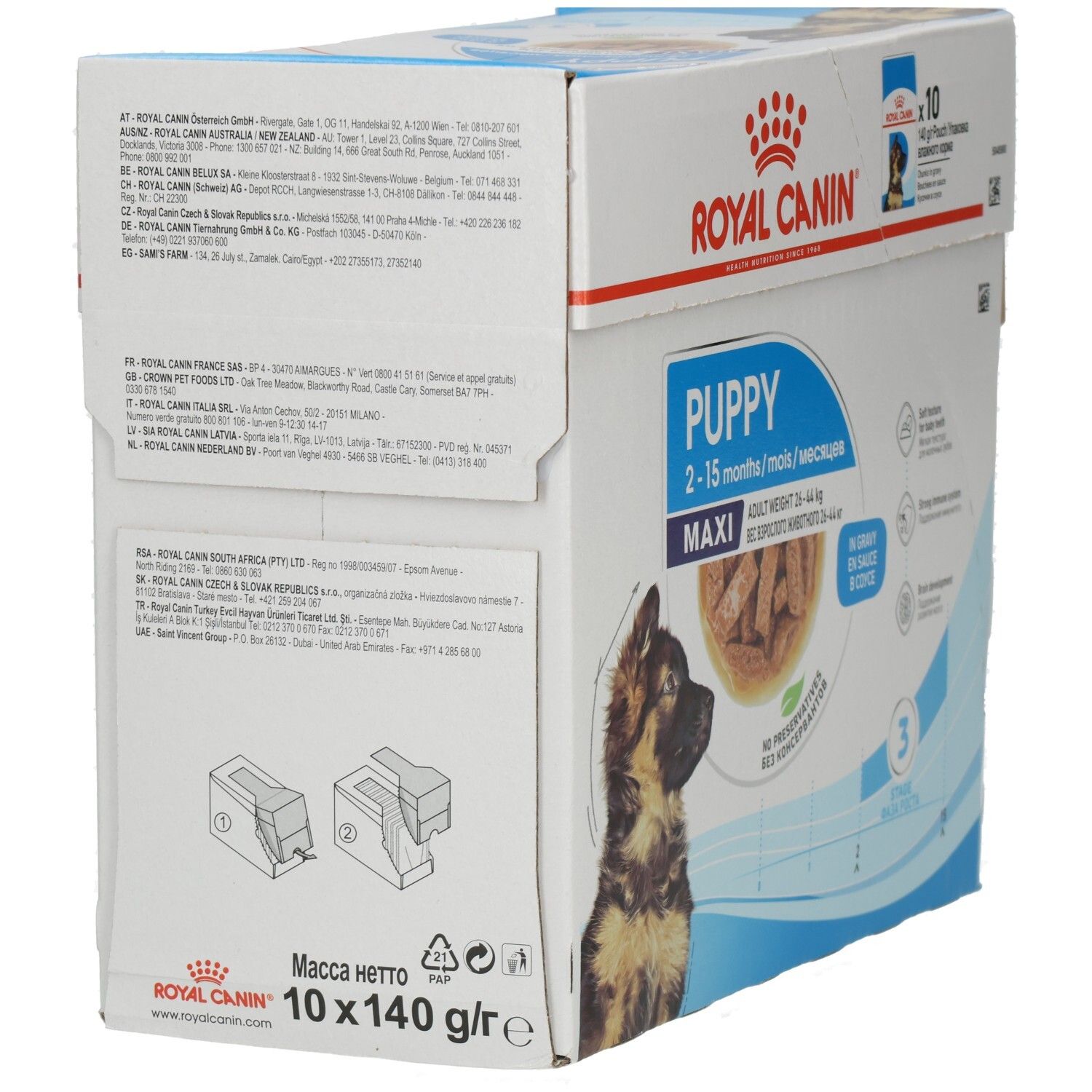 Royal Canin Maxi Puppy Futterkarton, Rückseite mit Fütterungshinweisen.