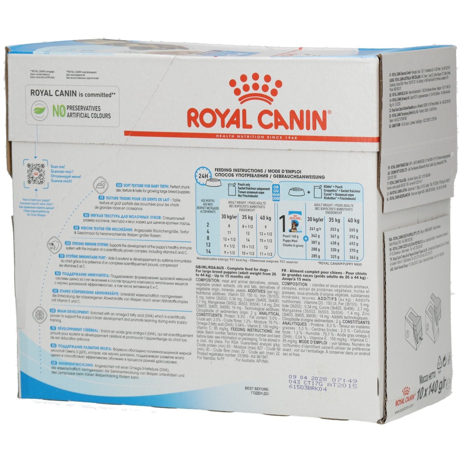 Royal Canin Maxi Puppy Futterkarton, Seite mit Fütterungshinweisen und Inhaltsstoffen.
