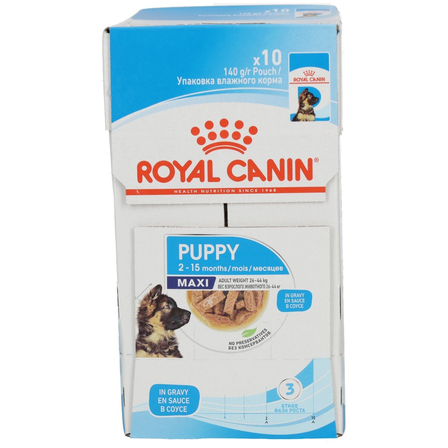 Royal Canin Maxi Puppy Futterkarton, 10x140g Beutel, In Gravy.