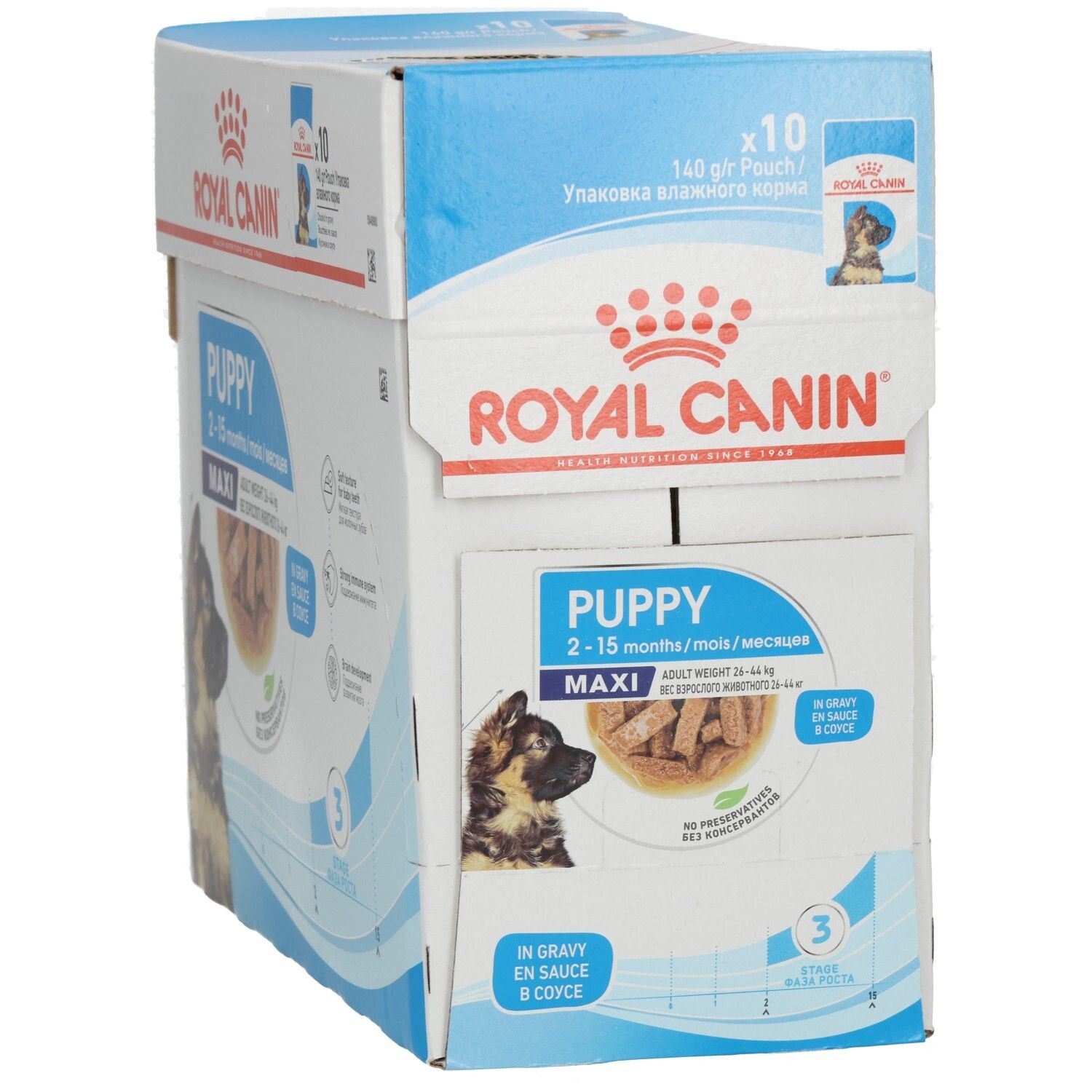 Royal Canin Maxi Puppy Futterkarton, 10x140g Beutel, In Gravy.