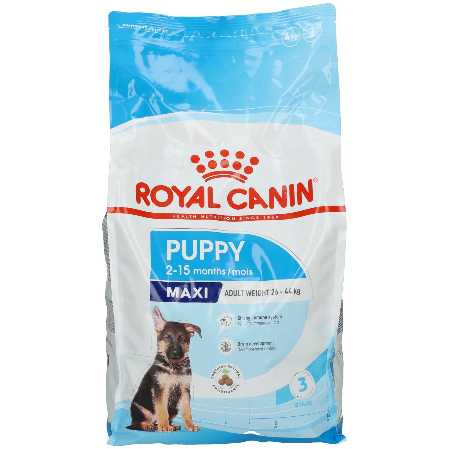 Royal Canin Maxi Puppy Hundefutter, 2-15 Monate. Beutel mit Welpenbild und Produktinformationen.