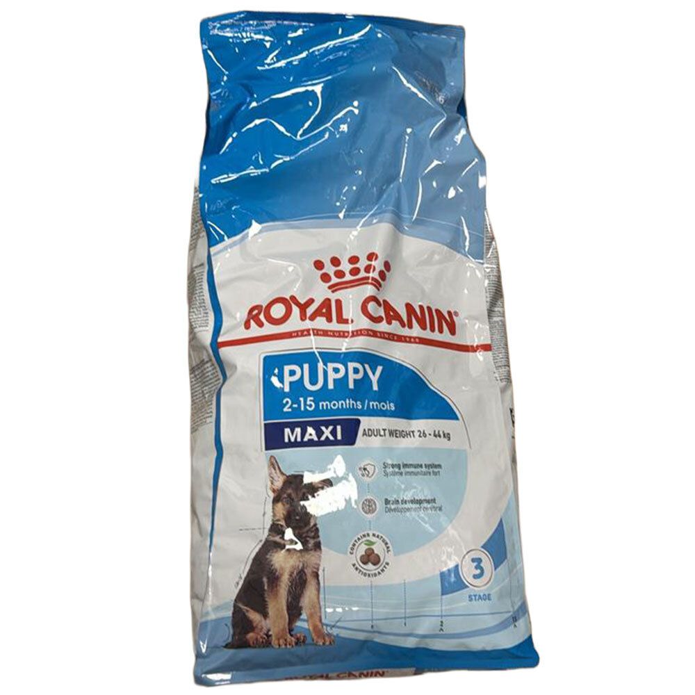 Royal Canin Maxi Puppy Hundefutter-Sack mit Welpenbild und Produktinformationen.
