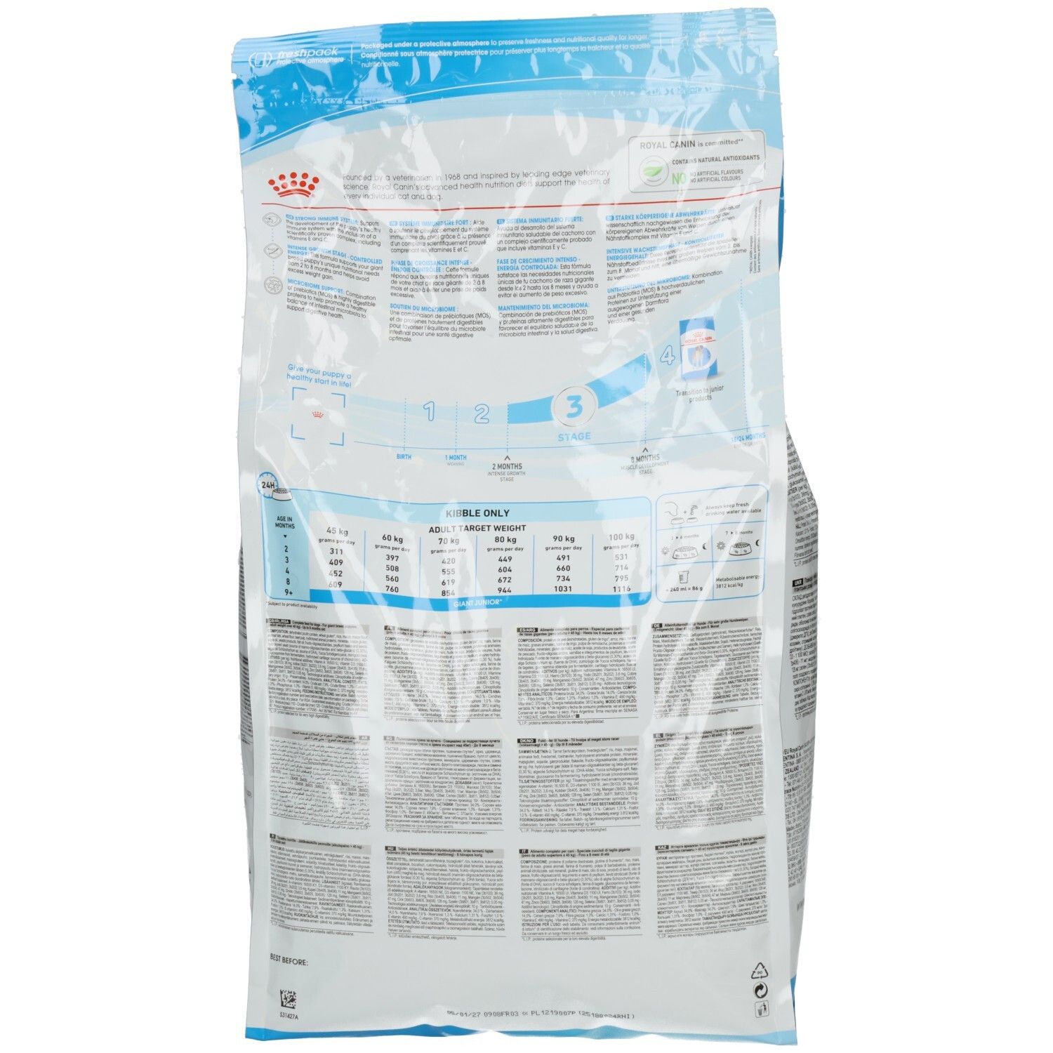 Royal Canin Veterinary Urinary S/O Moderate Calorie Hundefutter, Rückseite, 1.5kg Beutel.