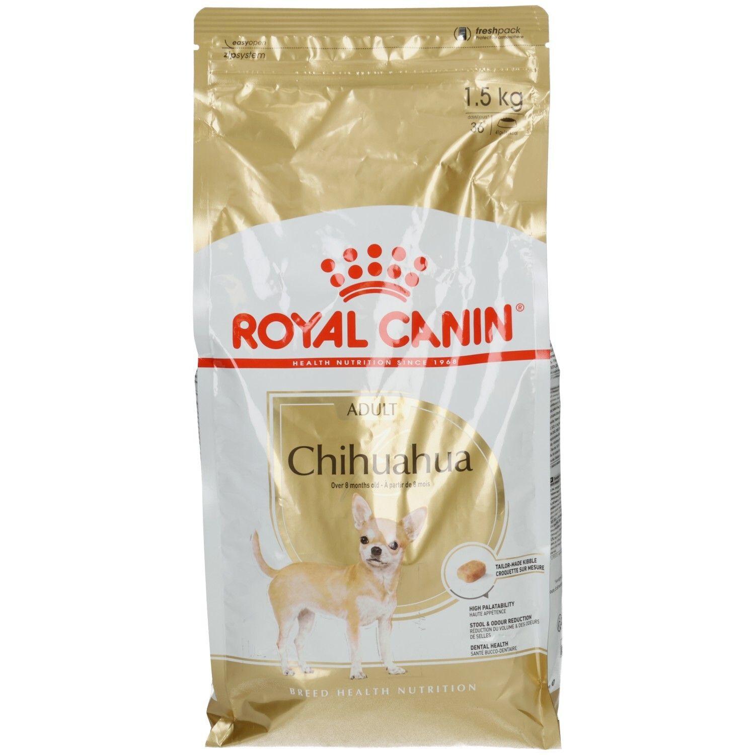 Royal Canin Chihuahua Adult Hundefutter, 1,5 kg Beutel mit Abbildung eines Chihuahuas.