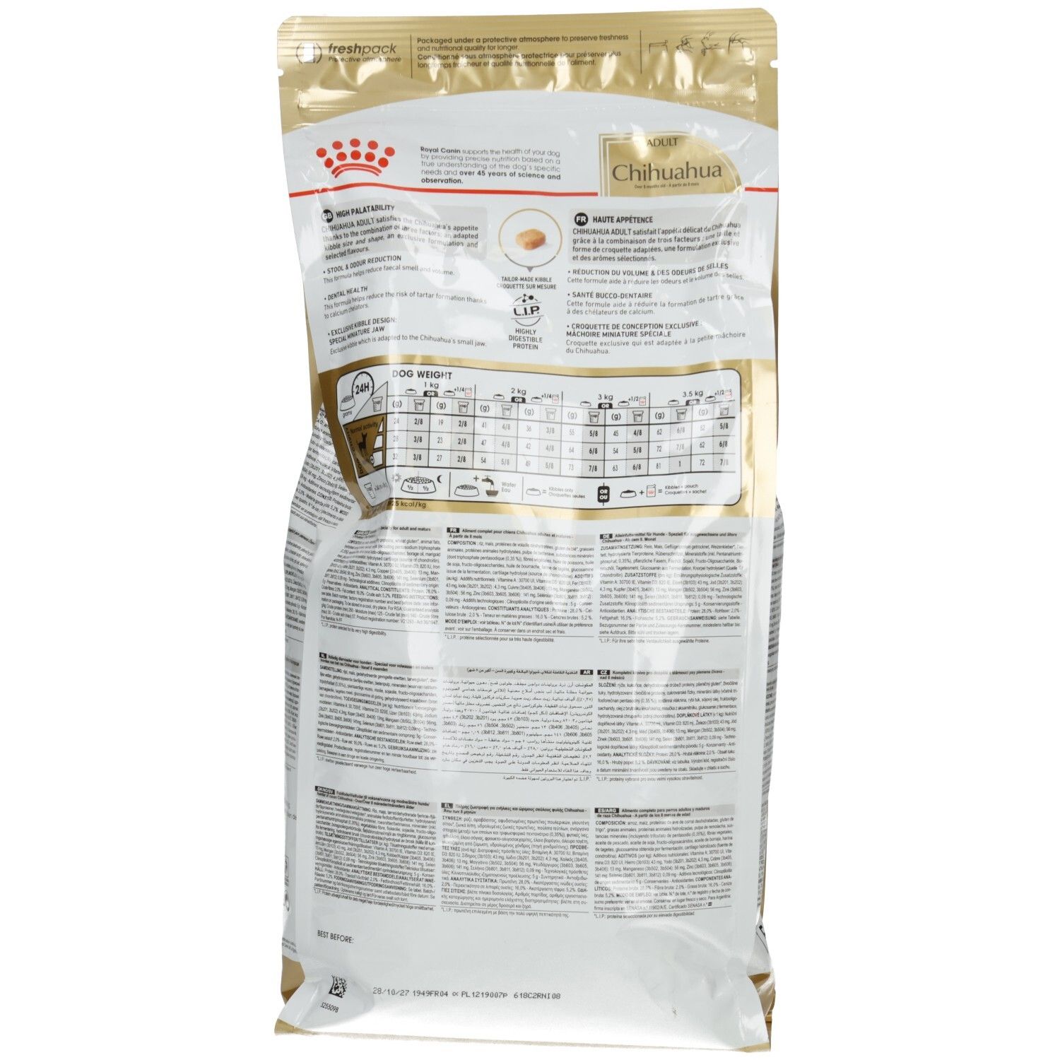 Rückseite eines 1,5 kg Beutels Royal Canin Chihuahua Adult Hundefutter mit Nährwertangaben und Fütterungstabelle.